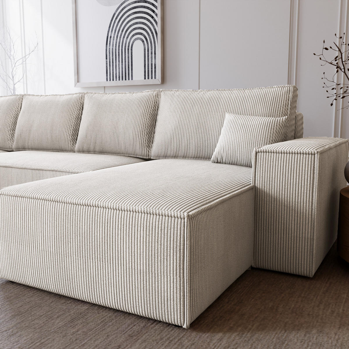 ECKSOFA U 380 cm Bergamo mit Schlaffunktion, Cordstoff, Ecru - Ecru, Holz (377/189cm) - Emporius