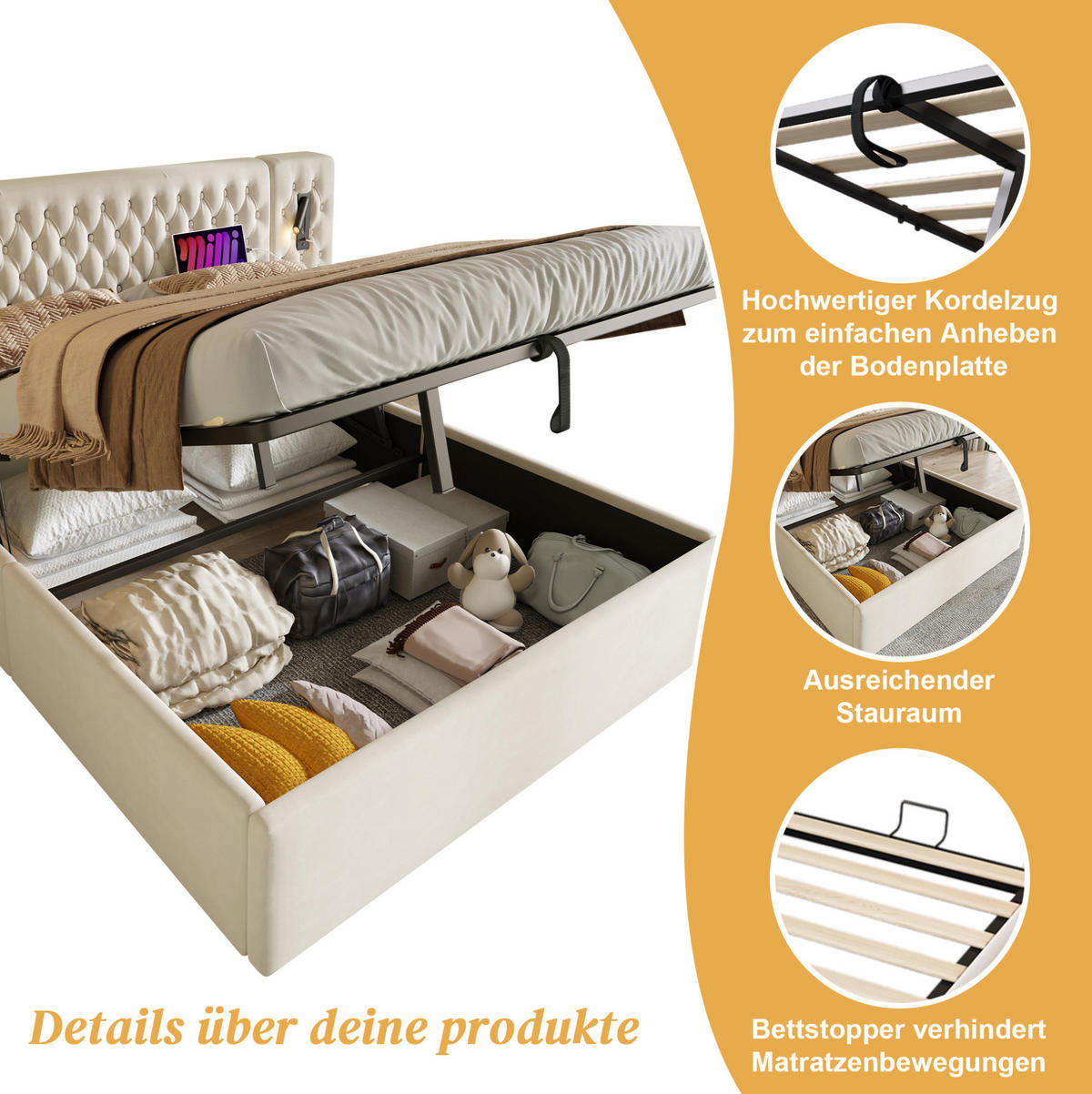 POLSTERBETT 160/200 cm aus Samt mit 2 Nachttischen, Leselicht, USB/Type-C, Bettkasten und Matratze, Beige - Beige, Textil (160/200cm) - Redom