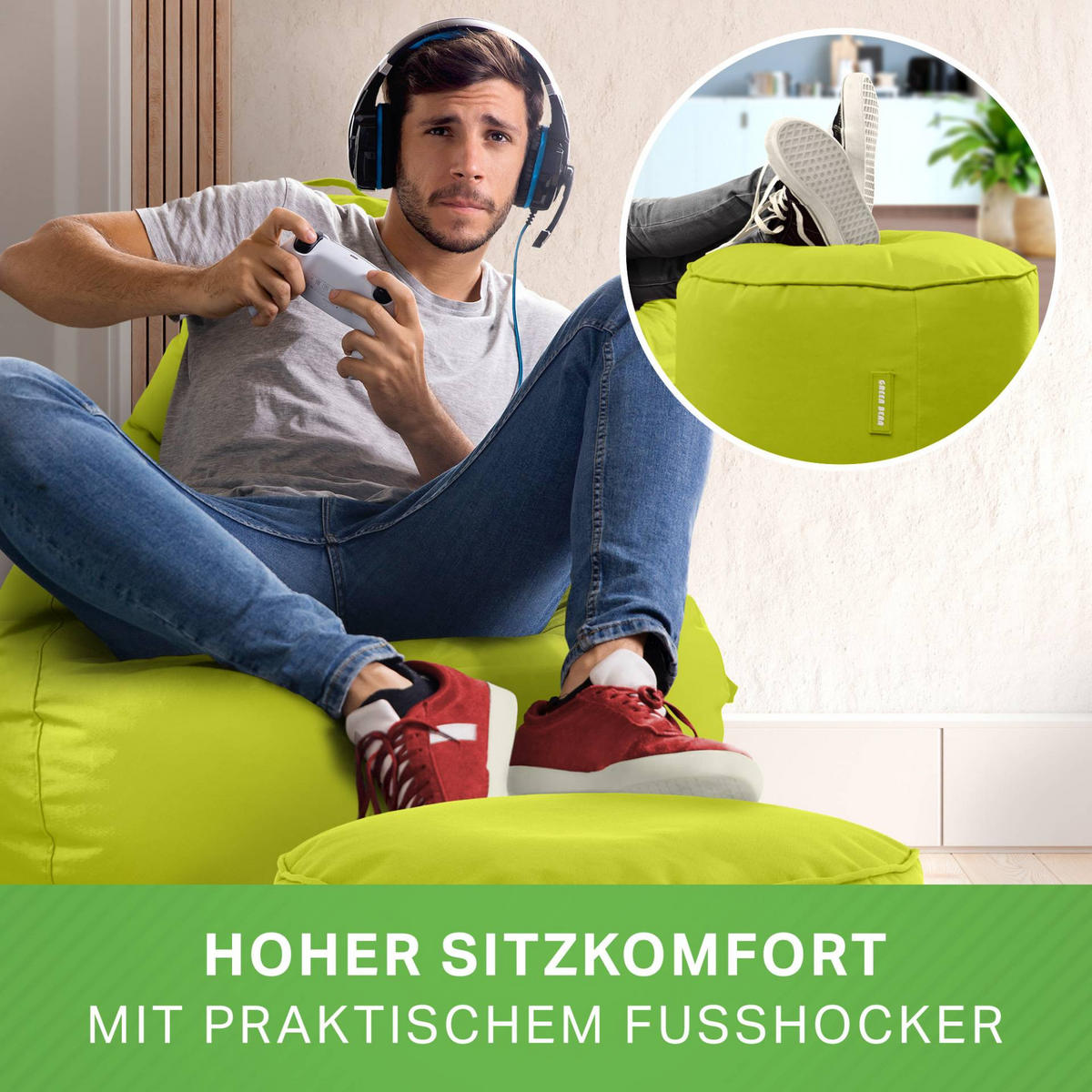 SITZSACK + Hocker "Cozy+Stay" 2er Set - Hellgrün, Textil (70/90/80cm) - Green Bean