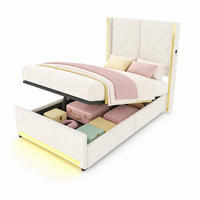 POLSTERBETT 90/200 mit Bettkasten, LED, USB & Type-C und Seitentaschen - Beige, Holzwerkstoff/Textil (90/200cm) - EVRYAE