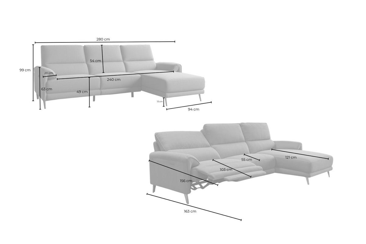 ECKSOFA ADRIANA Hellgrau Flachgewebe Relaxfunktion - Hellgrau/Schwarz, Textil/Metall (280/163cm) - KAWOLA