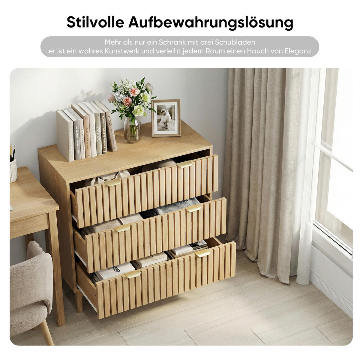 SIDEBOARD eichen-optik & latten-design mit 3 schubladen & goldgriffen - Eichefarben, Holzwerkstoff (80/80/39cm) - Urban Meuble