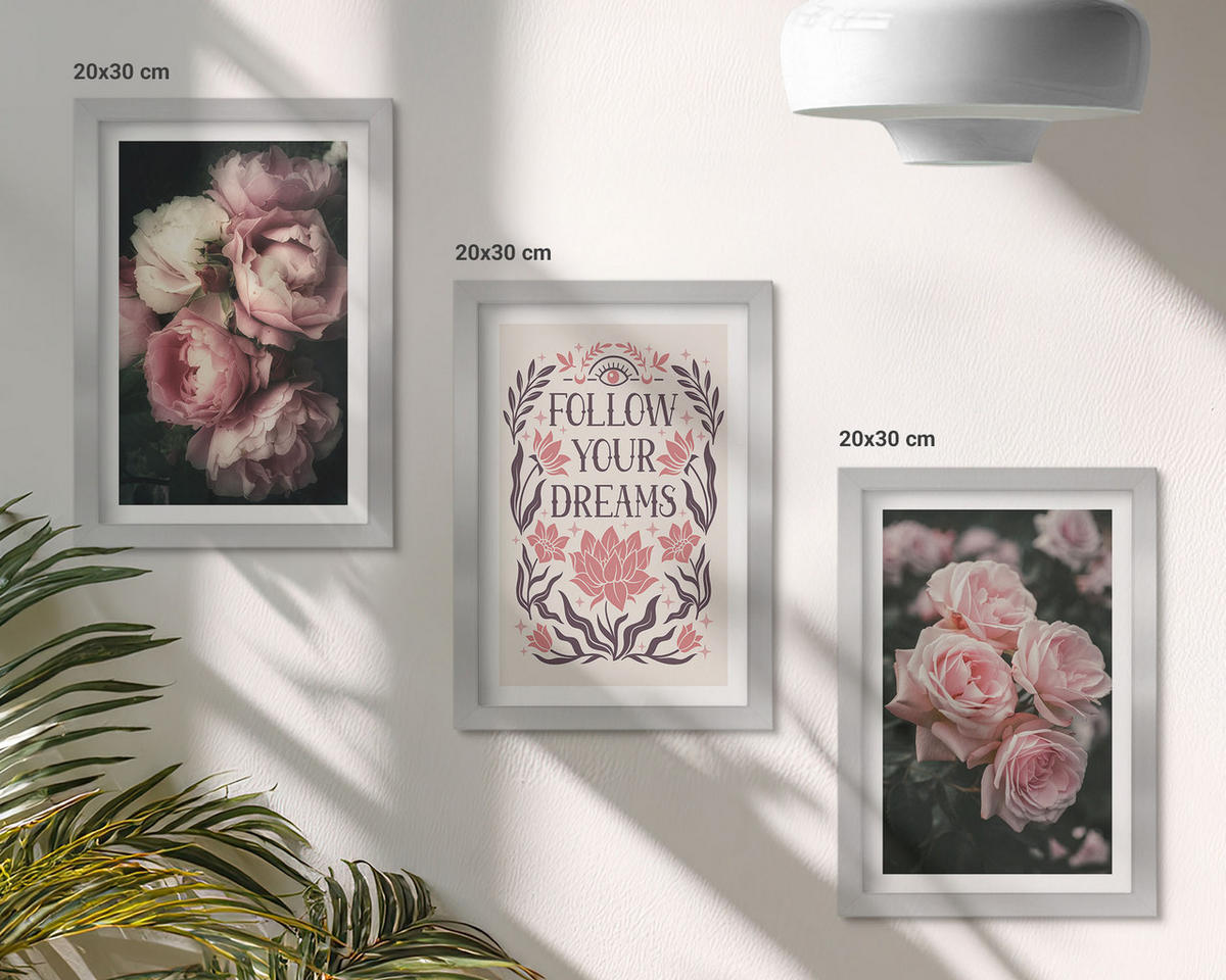WANDBILDER 3er Set - 20x30 cm Silberner Rahmen - Vintage-Rosenträume-Inschrift - Silberfarben, Kunststoff (20/30cm) - ArtPrintCave
