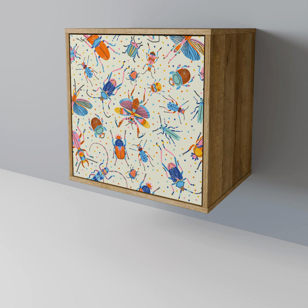 SIDEBOARD COLORFUL INSECTS, Eichefarben, 57,5x42x70,5 cm, Schwarze Metall-Sternfüße - Eichefarben/Multicolor, Holzwerkstoff/Metall (57.5/70.5/42cm) - SpaceRebels