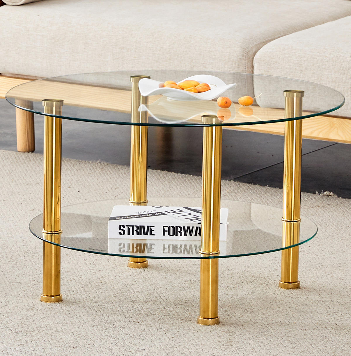COUCHTISCH 70/70/42 cm mit 2 Glasplatten und Metallgestell, moderner leiser Luxus, Gold/Transparent - Goldfarben, Glas (70/70/42cm) - Redom
