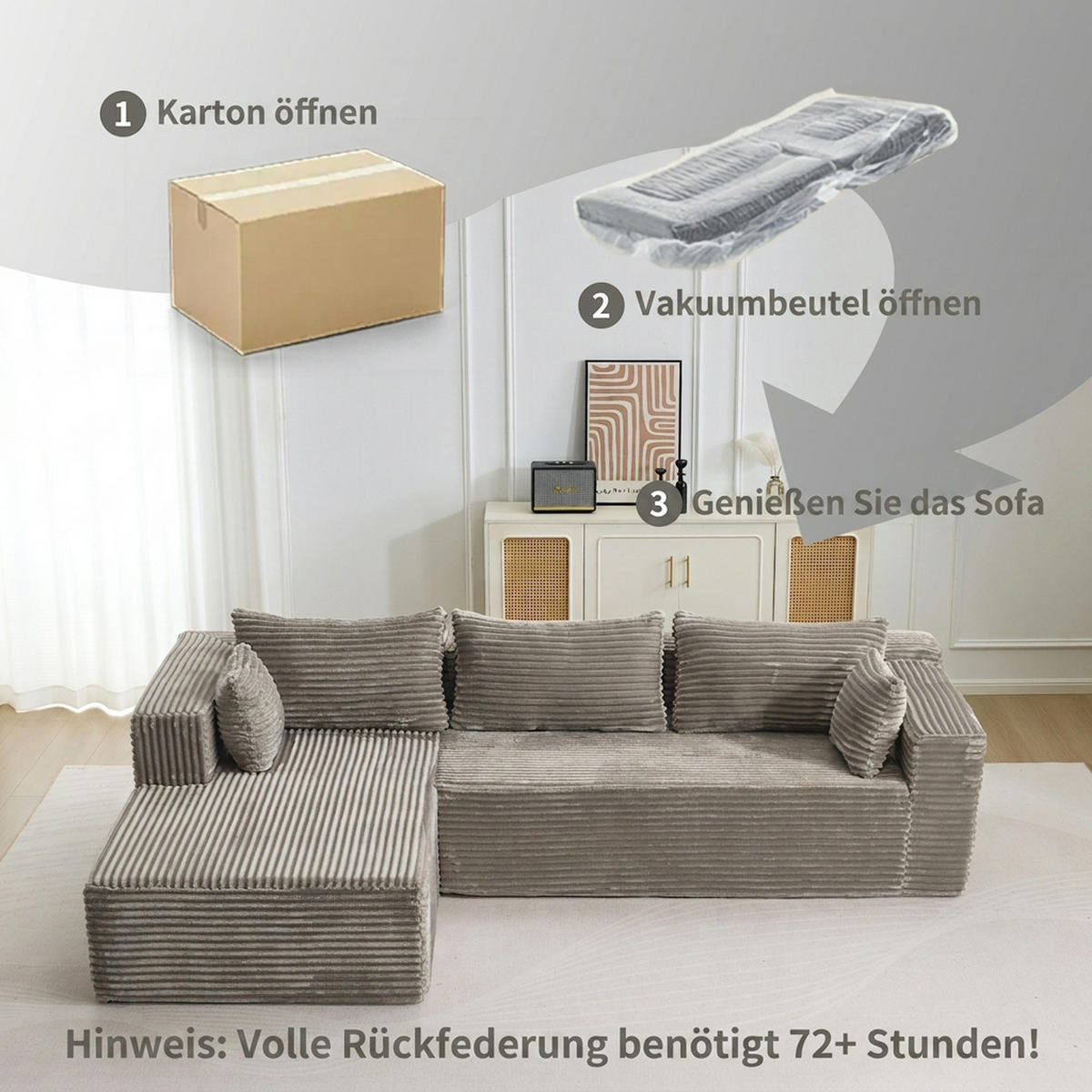 ECKSOFA 279/179/83 cm Grau Cord mit Chaiselongue - Grau, Textil (179/83/279cm) - Oxeza