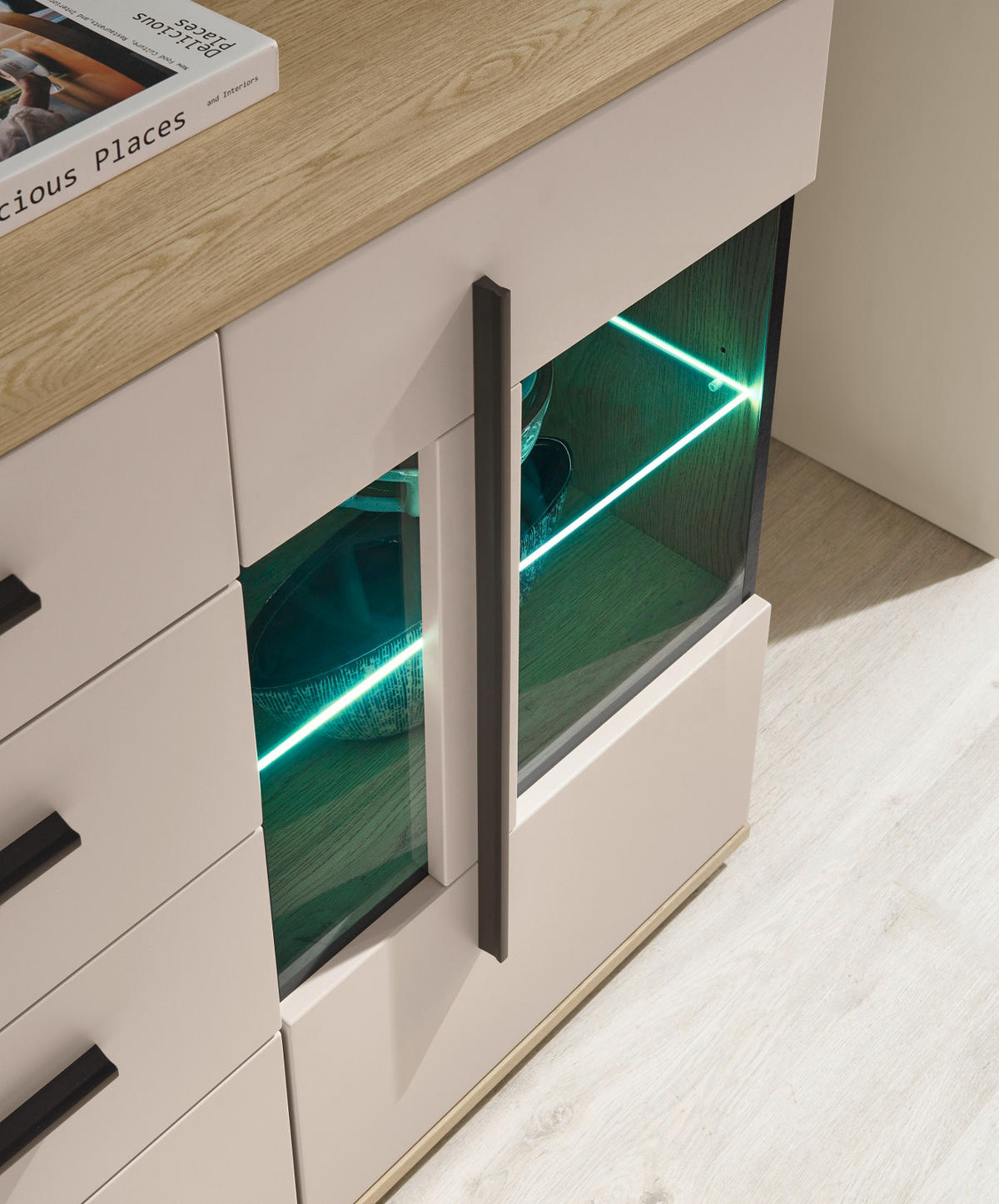WOHNWAND Kaschmir, Eiche 4-teilig 340 cm, Schrankwand Set mit Soft-Close - Kaschmir/Eichefarben, Glas/Holzwerkstoff (340/200/42cm) - Furn.Design