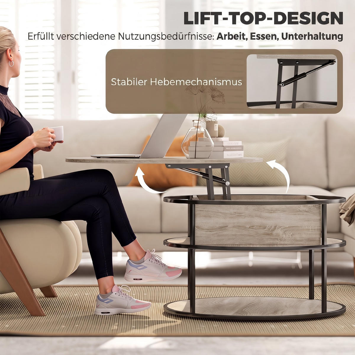 COUCHTISCH-MIT-ANHEBBARER-TISCHPLATTE Metall Spanplatte Eiche - Eichefarben/Schwarz, Holzwerkstoff/Metall (80/80/61.5cm) - HOMCOM