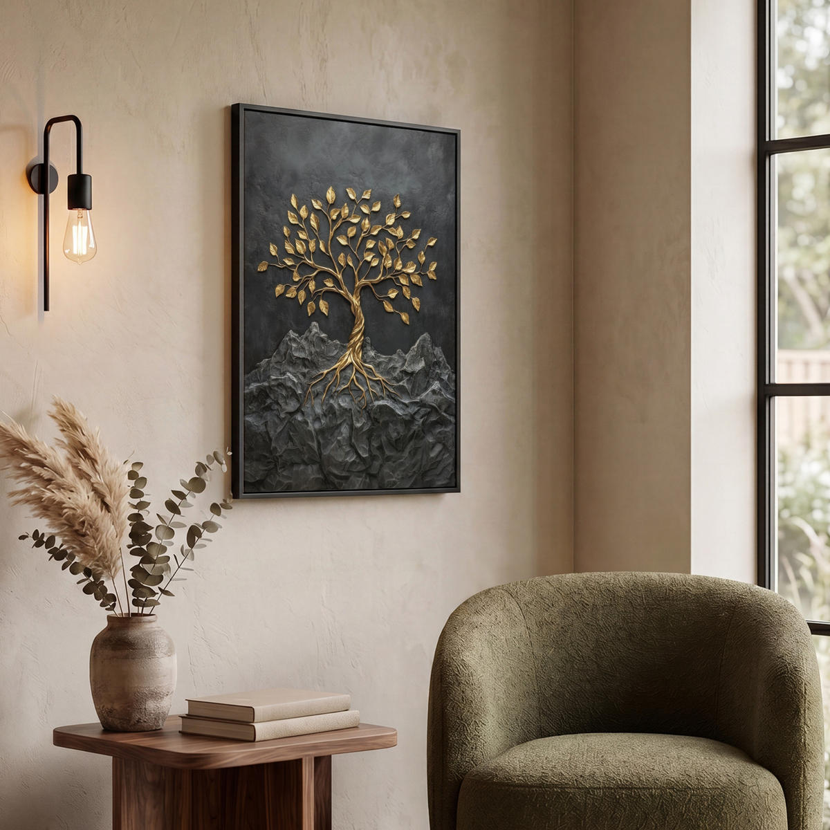 LEINWAND Bilder mit Rahmen - Blätter - Gold - Baum - Fels - 60x80 - Schwarz, Textil (60/80cm) - MuchoWow
