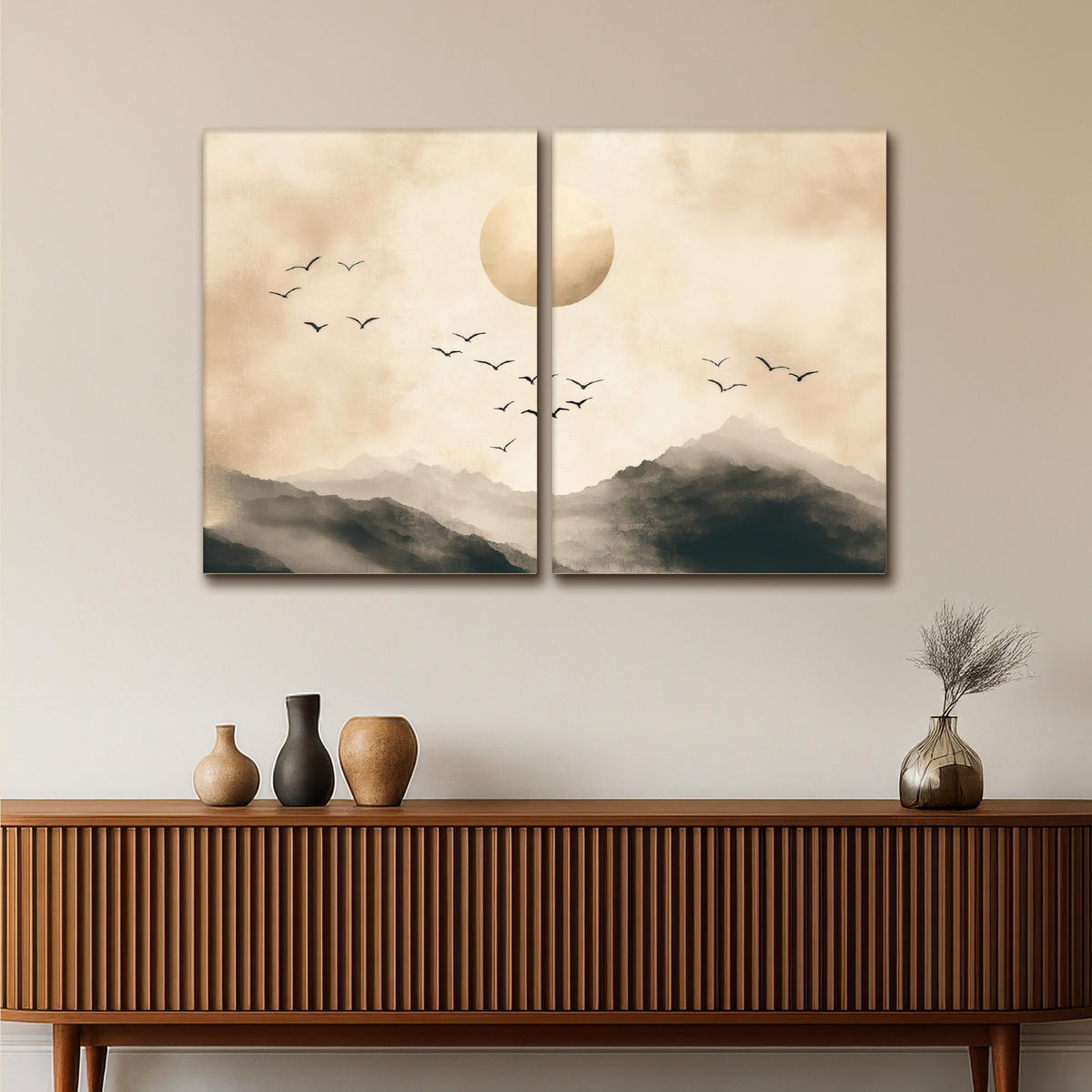 LEINWANDBILD 2er Set Landschaft - Japandi - Beige - Vögel 120x80 cm - Beige, Textil (120/80cm) - MuchoWow