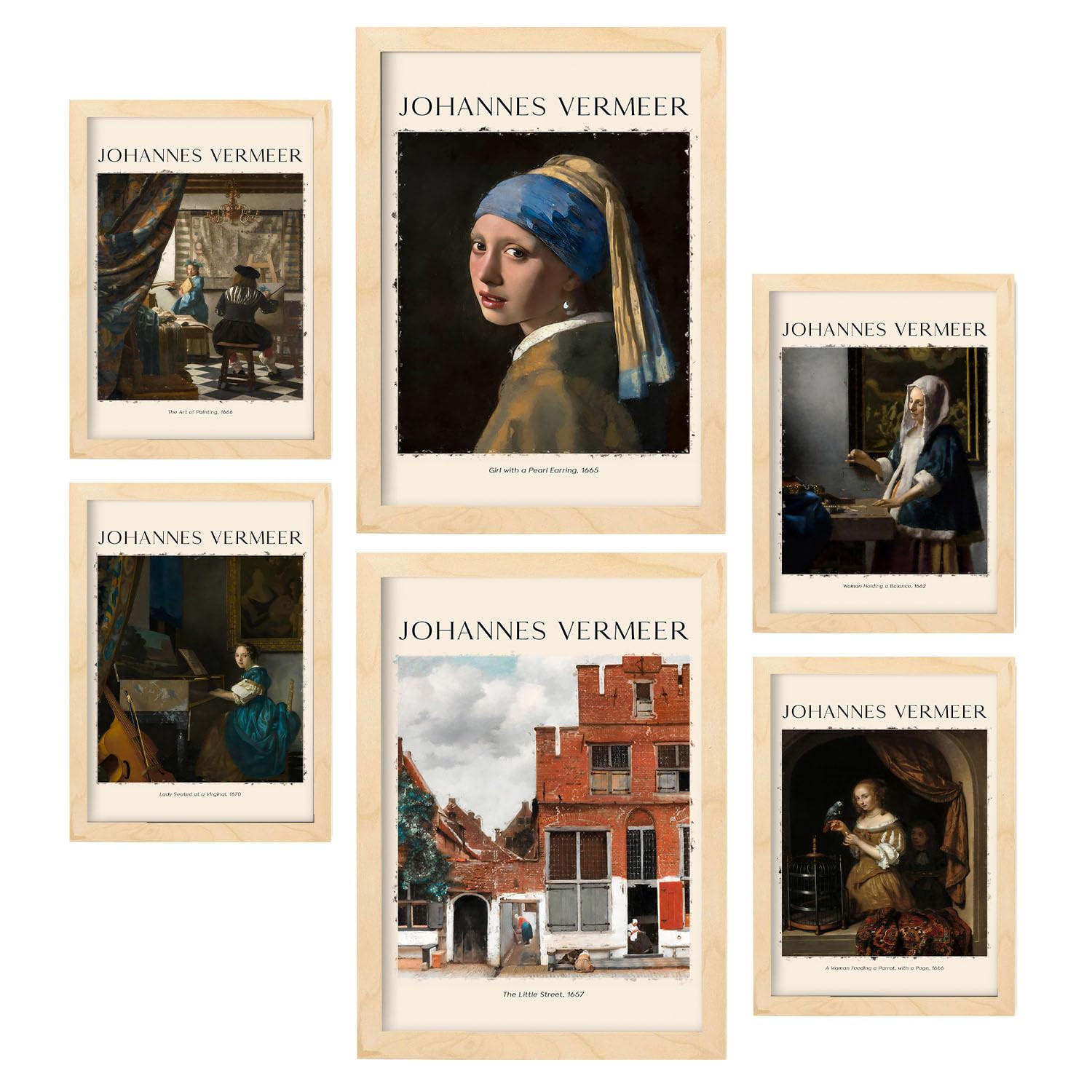 POSTER Set Mit 6 Johannes Vermeer Sammlung A3 & A4 Rahmen Aus Hellem Holz - Beige, Papier (29/3cm) - Nacnic