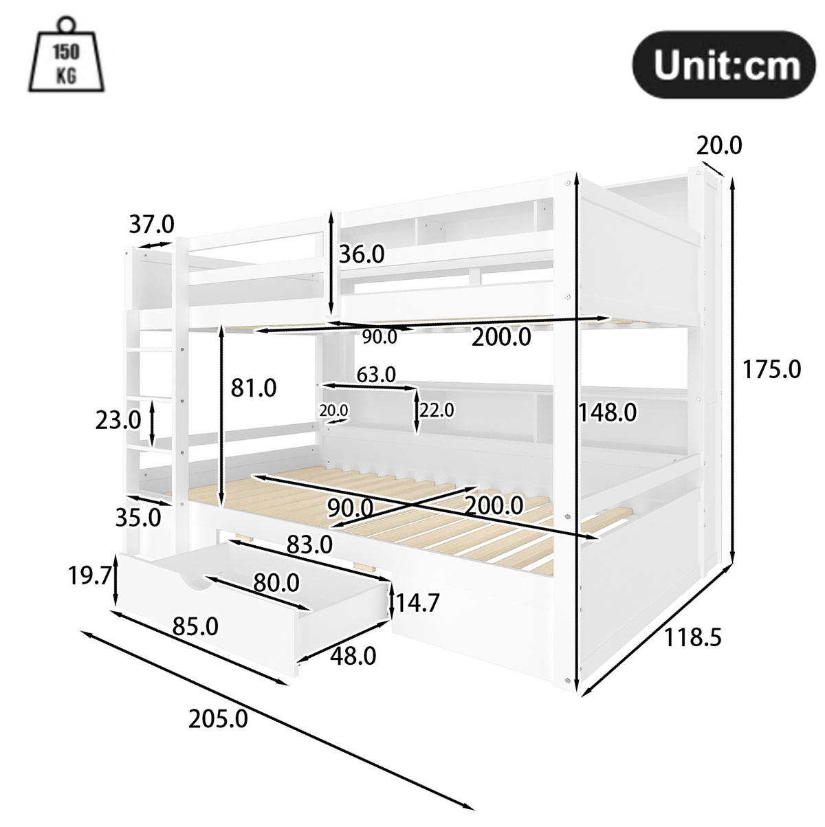 ETAGENBETT 90/200 cm Weiß mit Schublade und Ablagefächern ohne Matratze - Weiß, Holz (90/200cm) - MIVRAY
