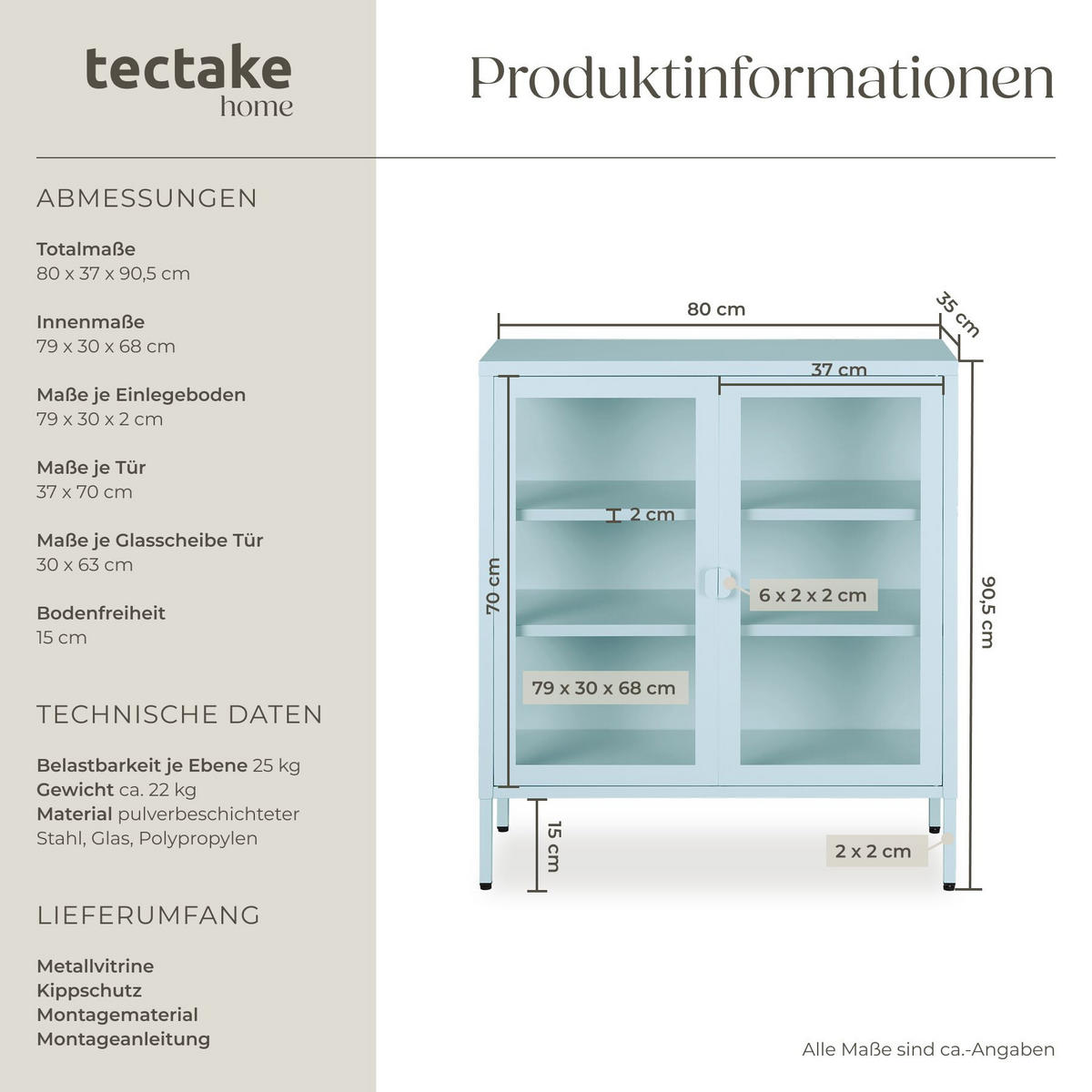 METALLVITRINE Baker, Kippschutz, höhenverstellbare Füße, grau/blau - Blau/Grau, Metall (80/90.5/37cm) - tectake