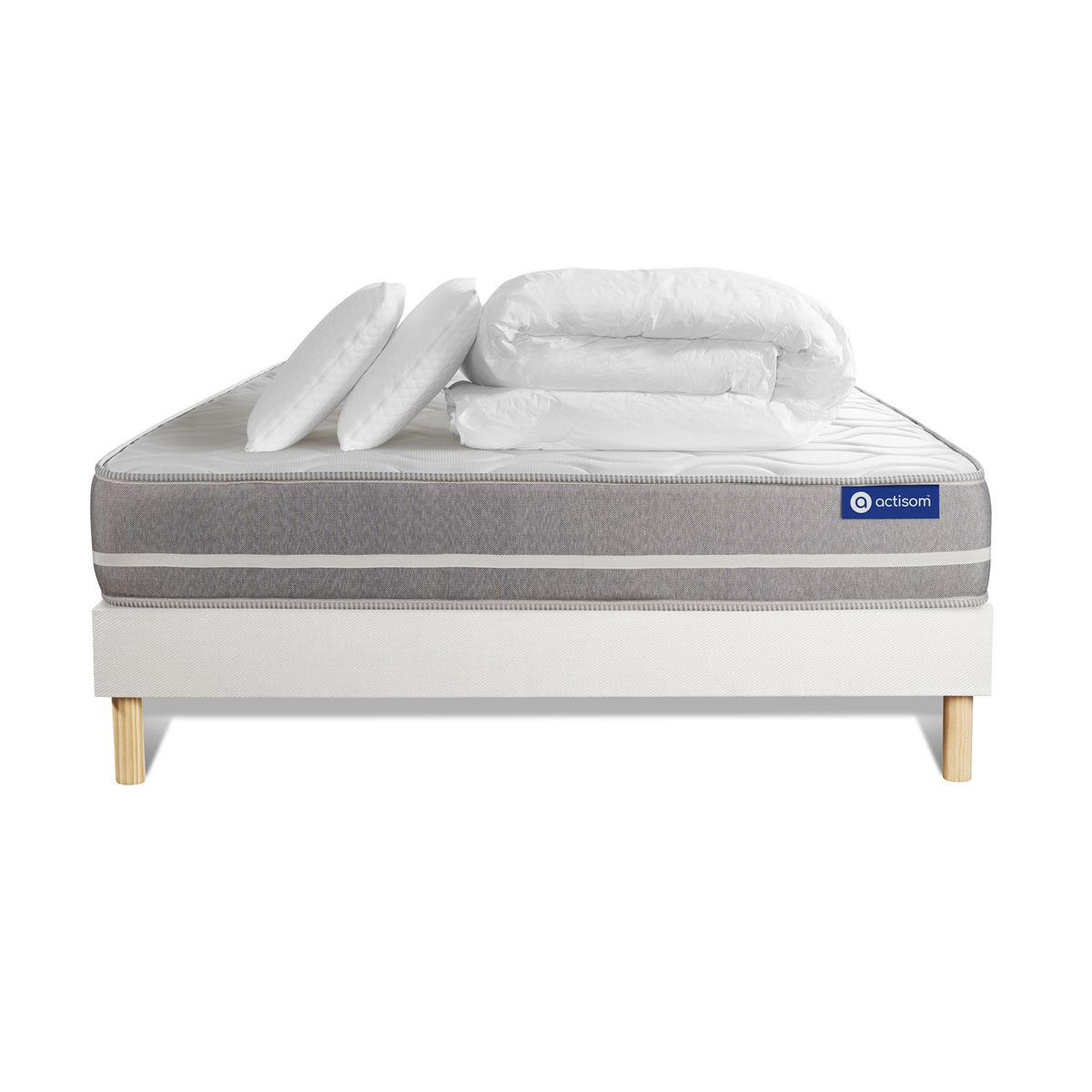 BETT Actiflex touch Taschenfederkern 140 x 190 cm h1 - Kit Bettgestell Weiß - Mit Kissen und Bettdecke - Beige/Weiß, Karton/Holz (140/190cm) - ACTISOM