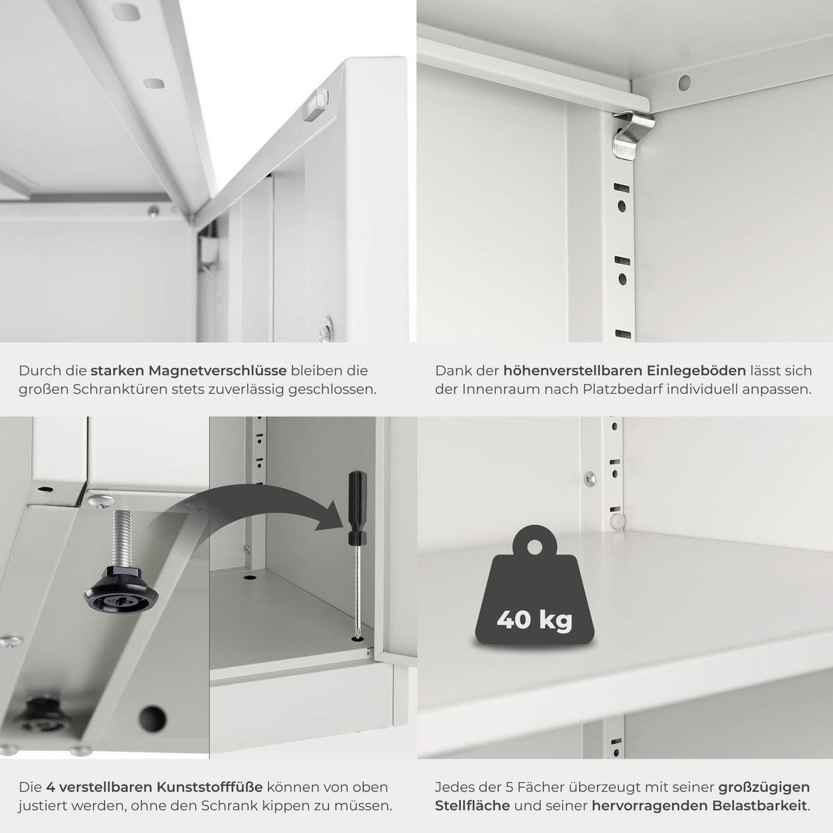 AKTENSCHRANK Brandon, Kippschutz, höhenverstellbare Füße, grau - Grau, Metall (60/180.5/40cm) - tectake