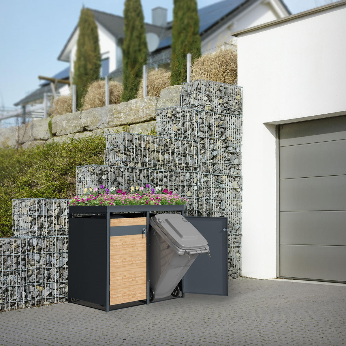 MÜLLTONNENBOX 4er mit Pflanzdach Anthrazit-Lärchenoptik - Hellbraun, Metall (80/124/264cm) - ML-DESIGN
