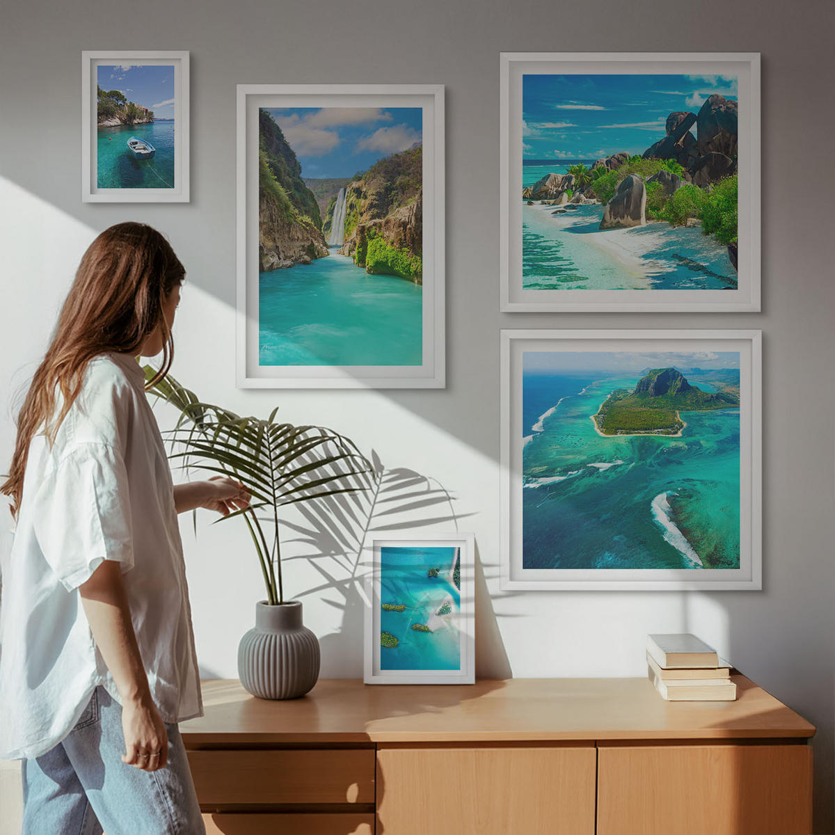 WANDBILDER 5er-Set - 50x50 cm & 20x30 cm & 40x60 cm Weißer Rahmen - Seeboote Hirsche Berge - Weiß, Kunststoff (40/60cm) - ArtPrintCave