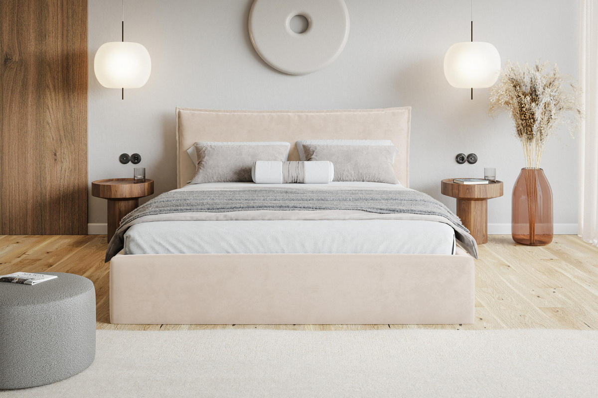 POLSTERBETT 180x200 cm Zenito Slim mit Kissen-Kopfteil, Bettkasten, Beige - Beige, Holz/Textil (180/200cm) - Emporius