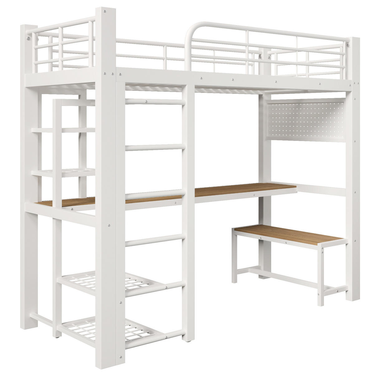 HOCHBETT 90/200 cm in Weiß Metall mit LED, Schreibtisch, Stauraum - Weiß, Holzwerkstoff/Metall (90/200cm) - WISHDOR