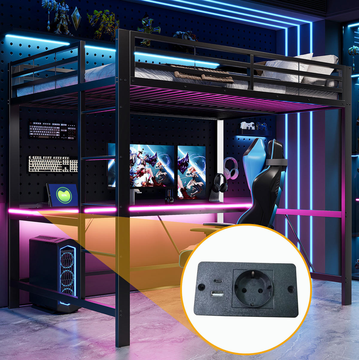 GAMING-HOCHBETT 140x200 cm in Schwarz mit Schreibtisch und LED-Beleuchtung - Schwarz, Holzwerkstoff (140/200cm) - IVMEU