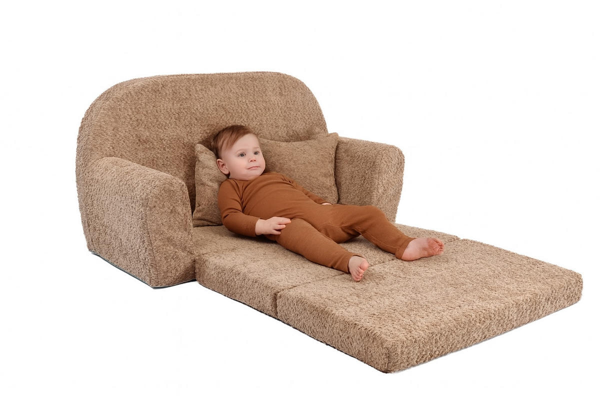 MINI-SOFA David - Ausklappbares Kindersofa aus Teddystoff in Puderbraun - Braun, Textil (78/45/40cm) - Fortisline