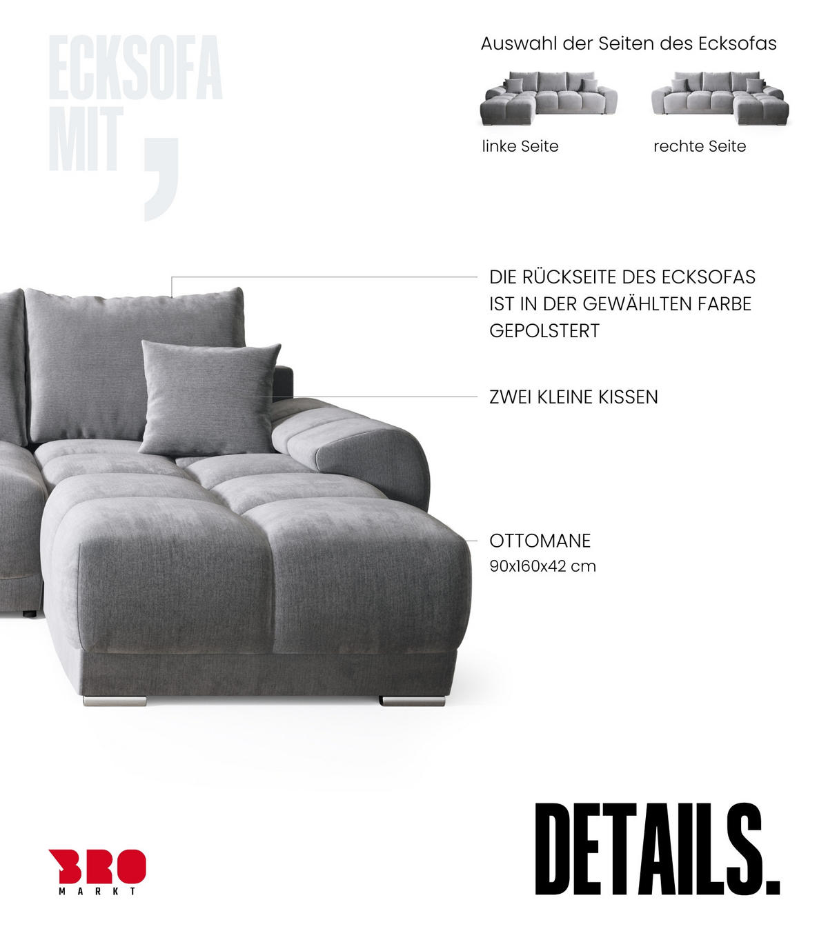 ECKSOFA Nubes mit Schlaffunktion Grau Plüsch - Silberfarben/Grau, Kunststoff/Textil (290/180cm) - Bromarkt