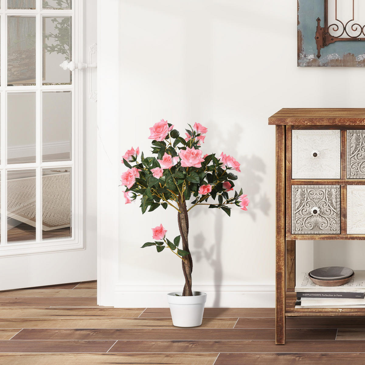 KÜNSTLICHE Rosenpflanzen groß 90 cm Kunstpflanze Rosenbaum für Wohnzimmer - Rosa, Kunststoff (90cm) - Outsunny