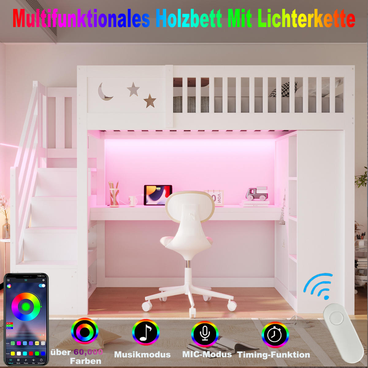 HOCHBETT 90 × 200 cm aus Holz mit Schreibtisch und LED, Weiß - Weiß, Holz (90/200cm) - FLIEKS