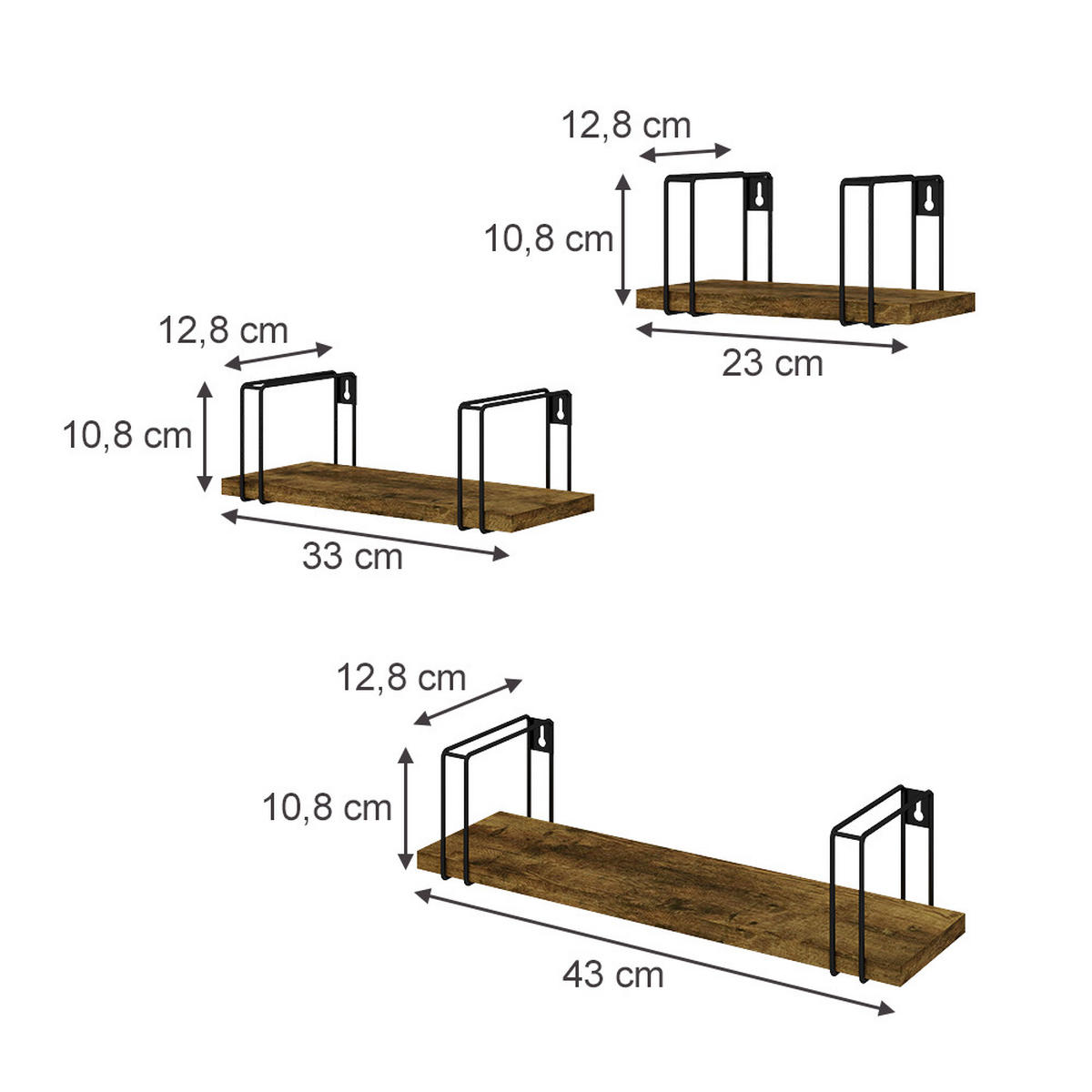 WANDREGAL Fyrk Antikholz 3 Teile - Eichefarben/Schwarz, Holzwerkstoff (43/10.8/12.8cm) - Vicco