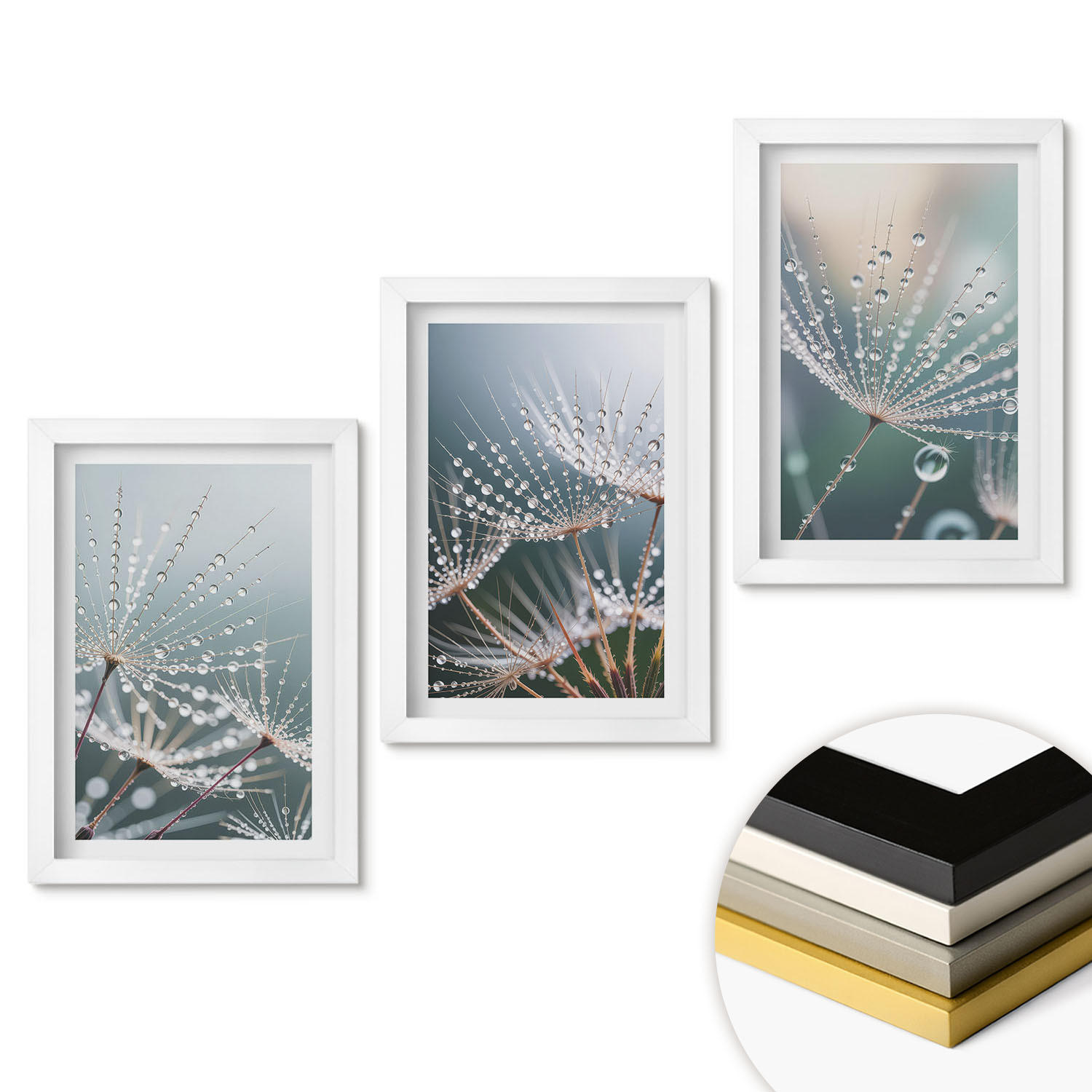 WANDBILDER 3er-Set - 20x30 cm Weißer Rahmen - Wassertropfen auf Löwenzahnsprossen - Weiß, Kunststoff (20/30cm) - ArtPrintCave