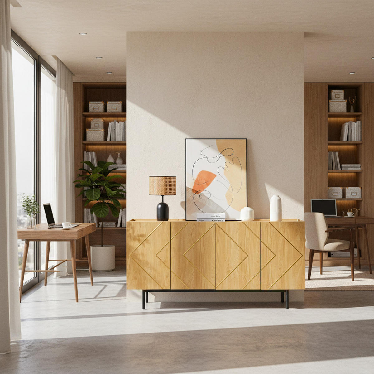 SIDEBOARD 4 Türen, Metall-Inlay, Griffloses Design, Naturholz Vielseitige Kommode & Beistellschrank - Sonoma Eiche, Holzwerkstoff (160/78/40cm) - Urban Meuble