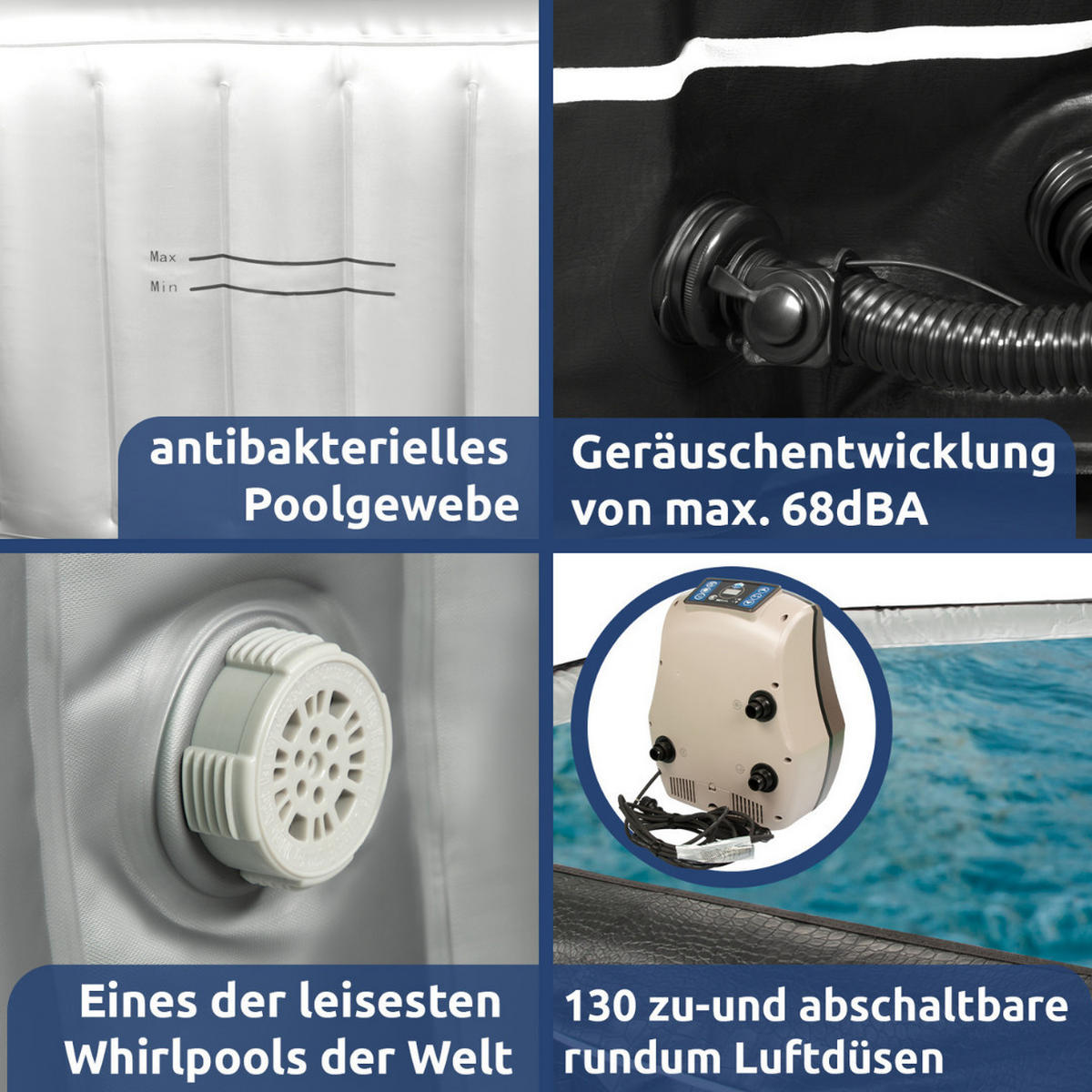 WHIRLPOOL, Aufblasbar, Achteckig, Beheizbar, Outdoor, Indoor, SPA, 5 Personen, 130 Luftdüsen, Selbstaufblasend, Winterfest, Jacuzzi, Wellness - Schwarz, Kunststoff (193/70/193cm) - JUNG