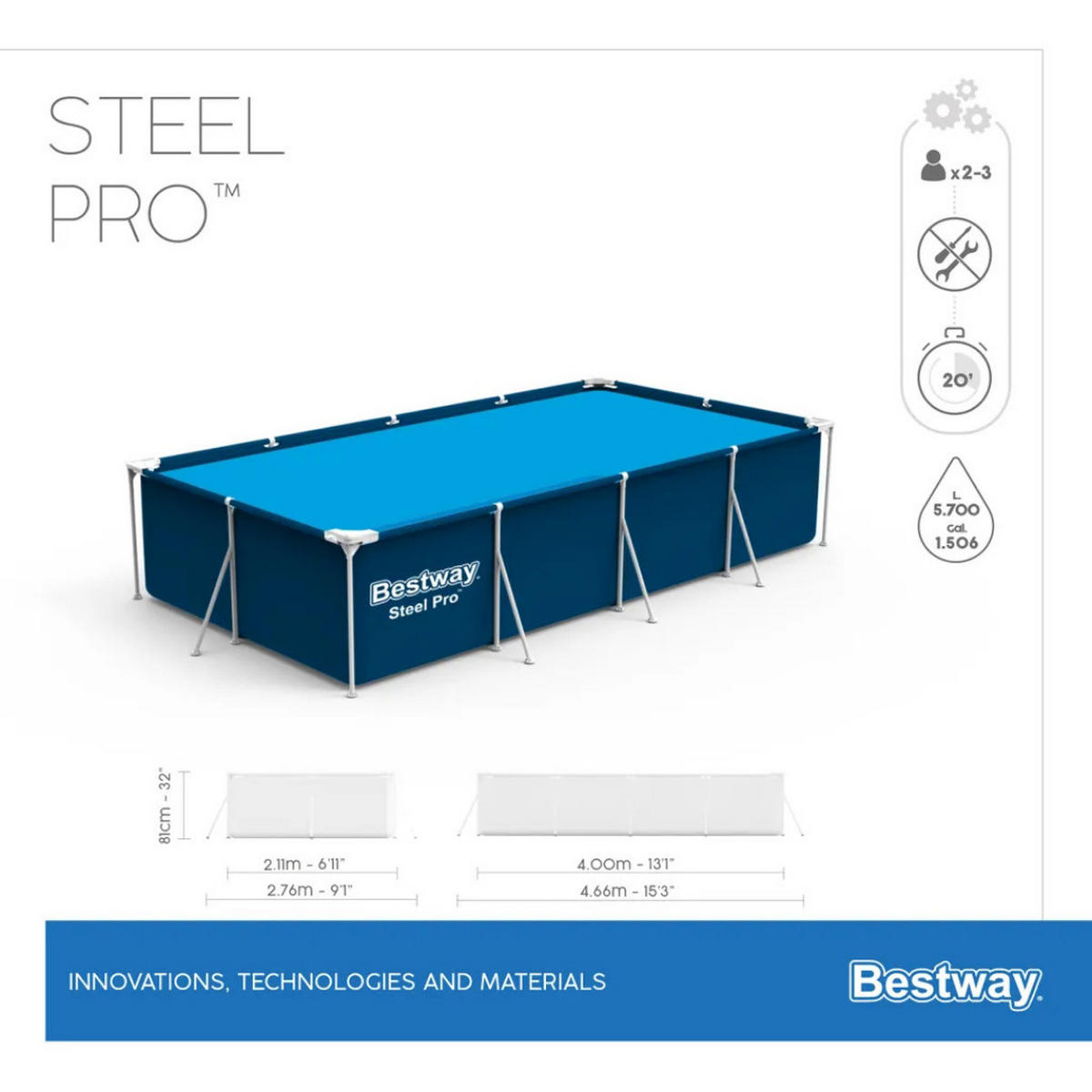 POOL Steel Pro Frame Pool Dunkelblau 400 × 211 × 81 cm Rechteckig Aufstellpool Gartenpool - Blau, Kunststoff (211/81/400cm) - Bestway