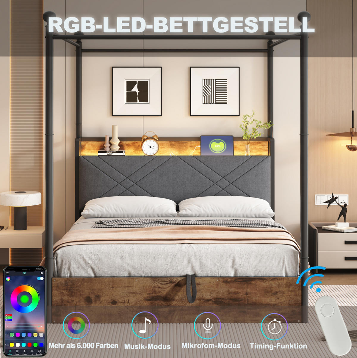 METALNI krevet 140/190 cm s uklonjivim baldahinom, LED osvjetljenjem i USB/Type-C priključcima, Crni - crna, metal (140/190cm) - Redom