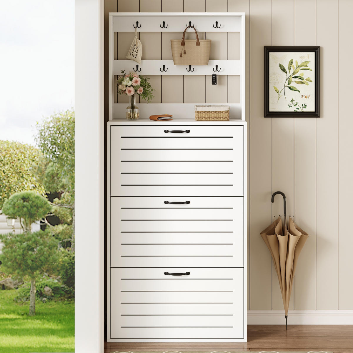 SCHUHSCHRANK aus Spanplatte 70x25x165cm in Weiß mit 8 Haken - Weiß, Holzwerkstoff (70/165/25cm) - Modfu