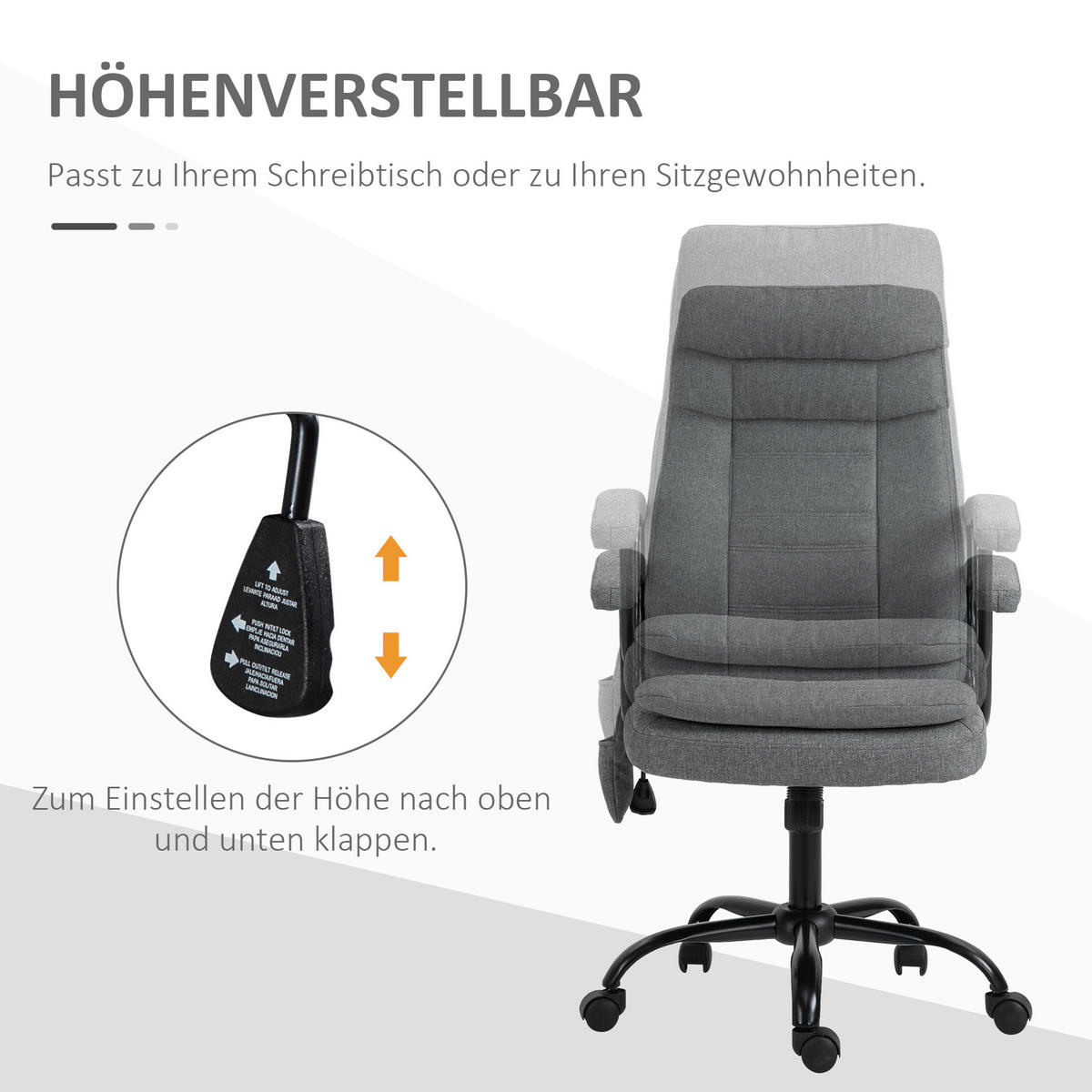 MASSAGEBÜROSTUHL Drehstuhl höhenverstellbar Lendenwirbelsäulenmassage Grau - Grau, Kunststoff (70/121/63cm) - Vinsetto