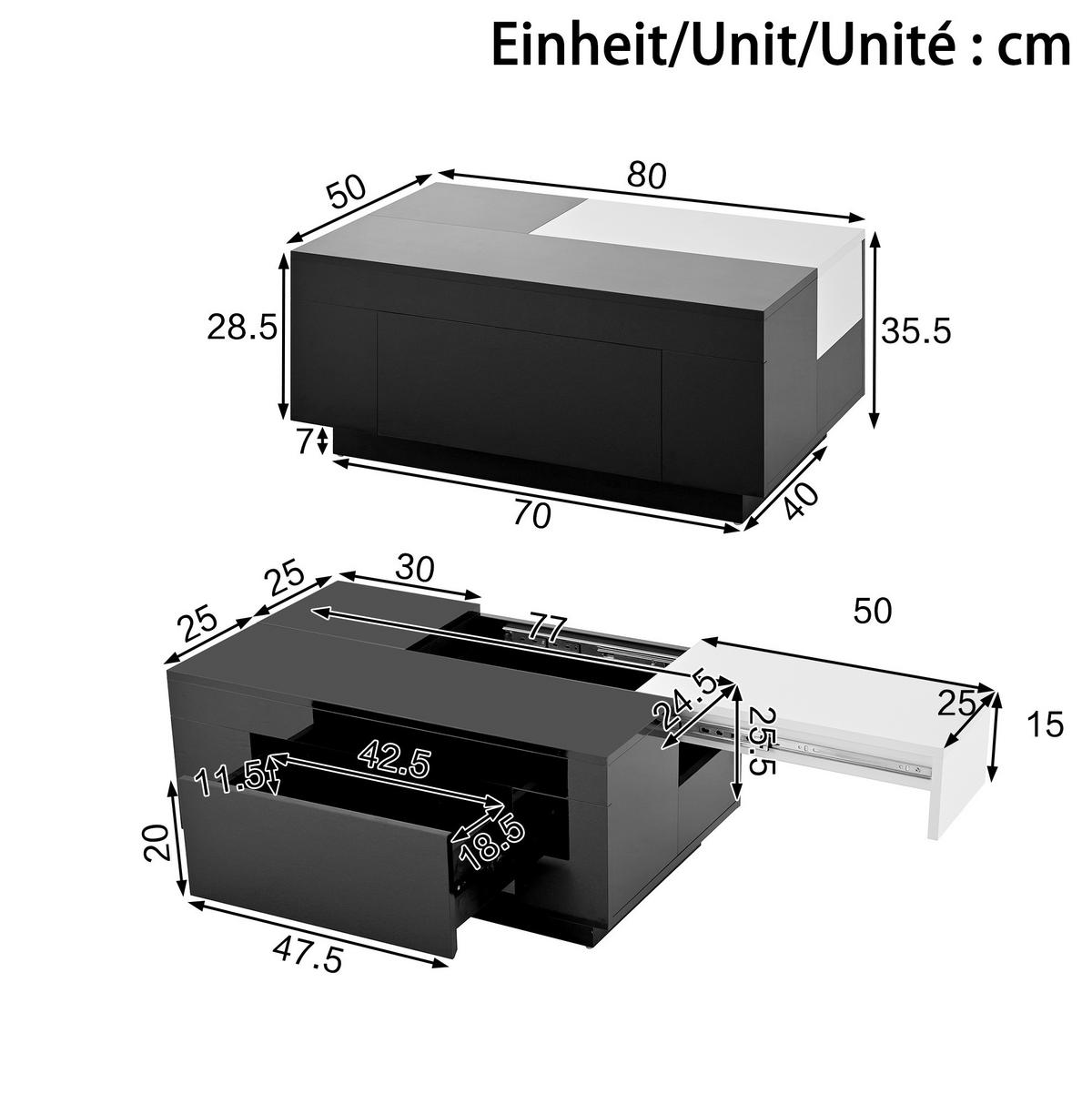 COUCHTISCH 80/50/35.5 cm schwarz-weiß aus MDF mit LED-Beleuchtung und Stauraum - Schwarz, Holzwerkstoff (80/50/35.5cm) - OKMYHOME