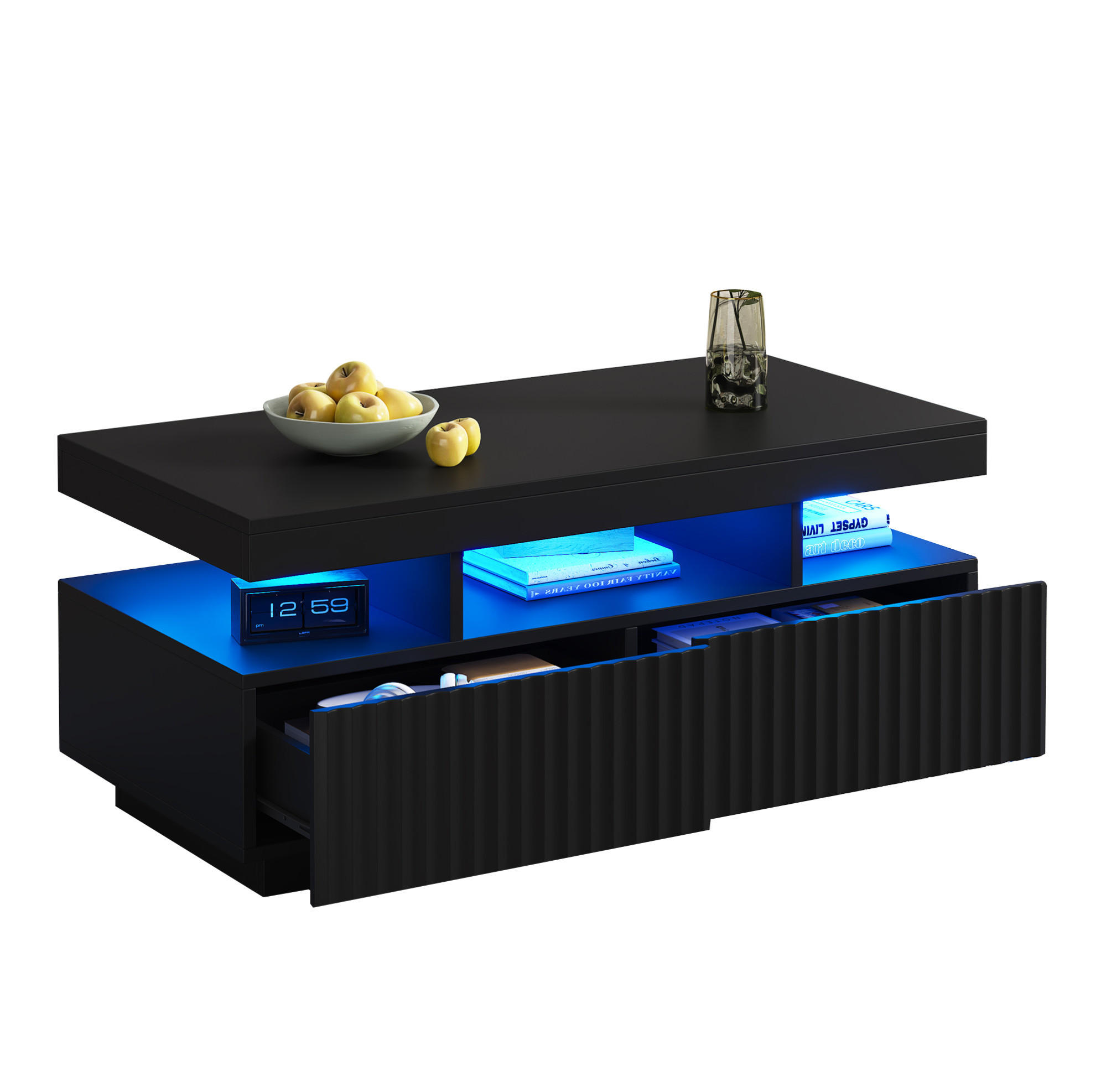 KLUB stolić od iverala, 100/50/45 cm crni, s 2 ladice i LED rasvjetom - crna, drvni materijal (100/50/45cm) - BEAOK