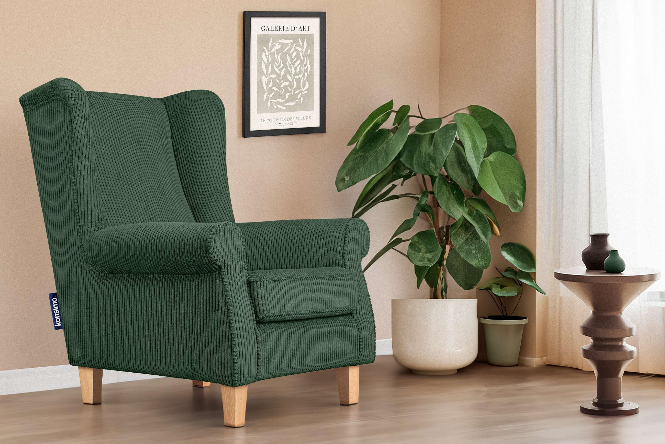 OHRENSESSEL MILES Kord-Bezug Petfriendly, dunkelgrün - Dunkelgrün, Holzwerkstoff/Buchenholz (82/105/97cm) - KONSIMO®