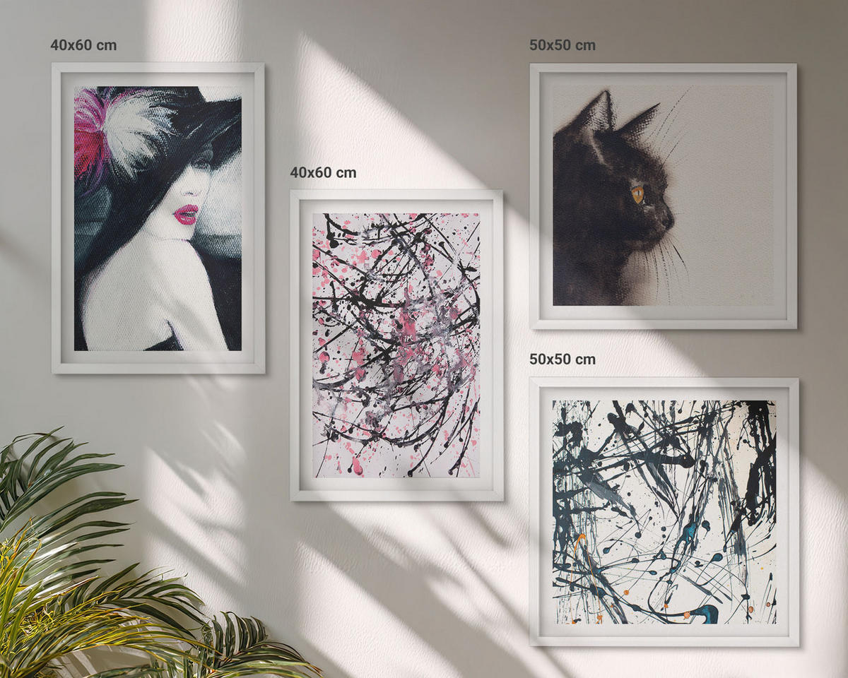 WANDBILDER 4er-Set - 50x50 cm & 40x60 cm Weißer Rahmen - Abstrakte Katzenmalereien - Weiß, Kunststoff (50/50cm) - ArtPrintCave