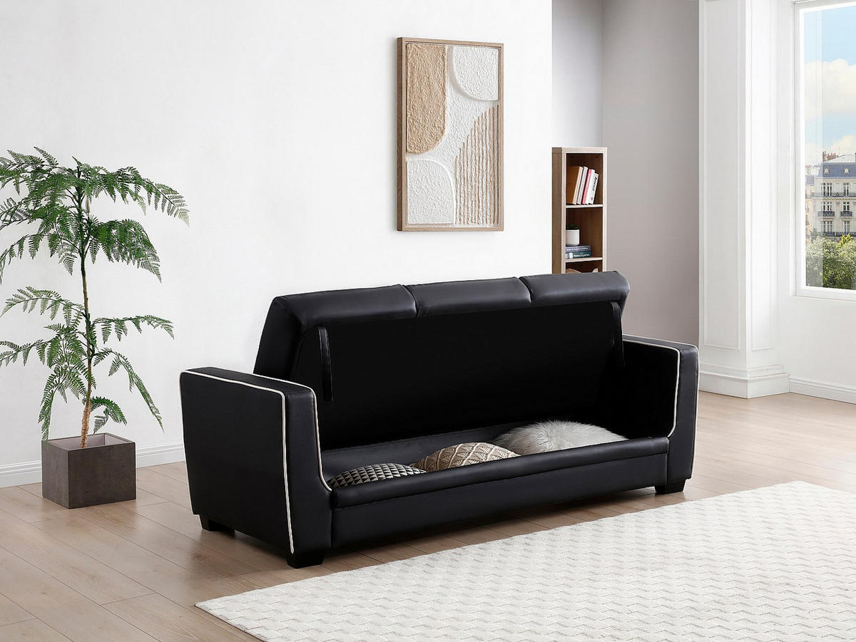 SCHLAFSOFA 3-Sitzer - Kunstleder - Schwarz - NATY II - Schwarz, Leder (214/87/87cm) - Vente-Unique