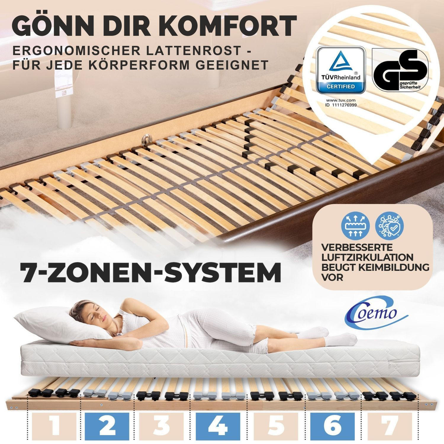 LATTENROST ERGO K 100x220 cm Kopfteil verstellbar - Naturfarben, Holz (100/220cm) - Coemo