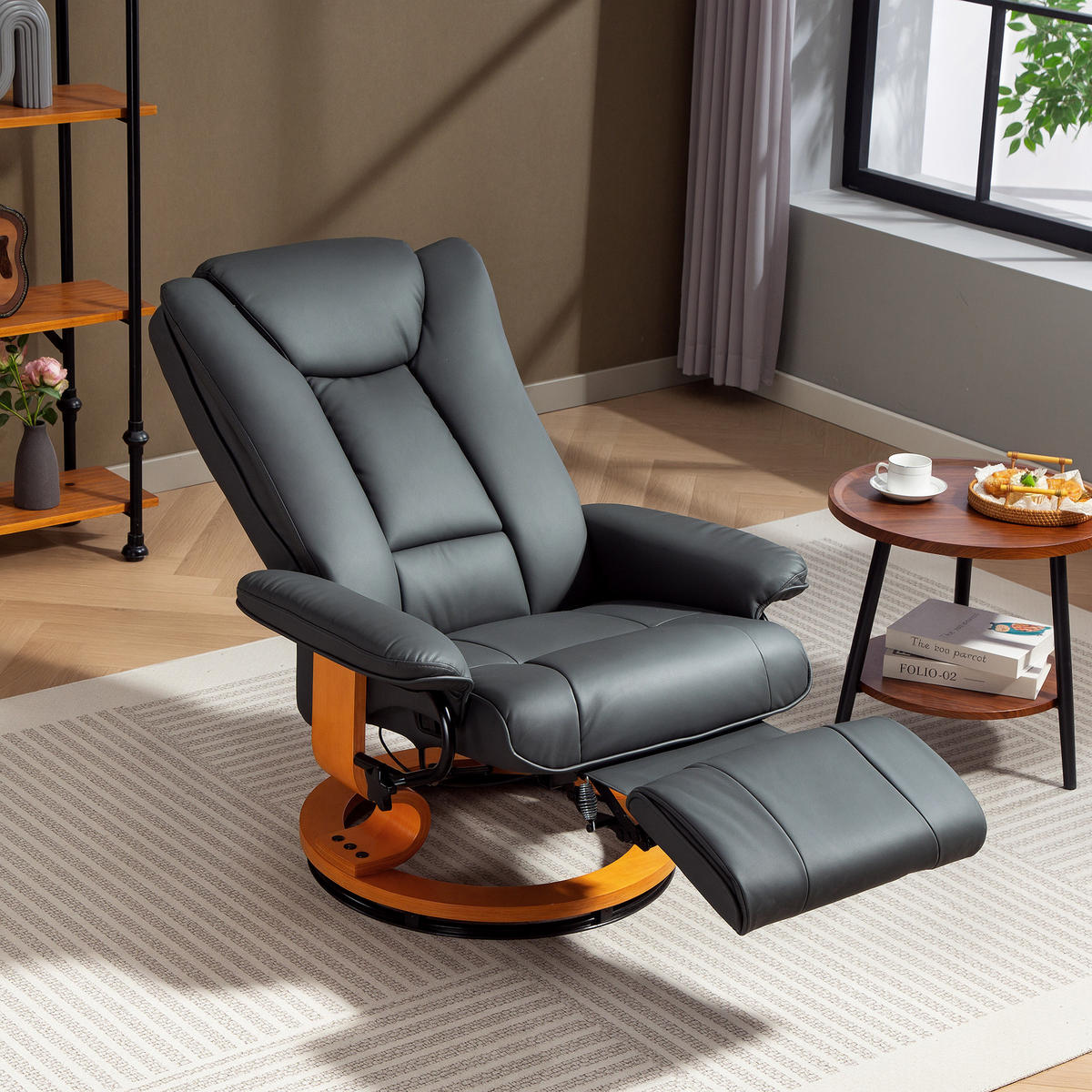 RELAXSESSEL, drehbarer TV-Sessel, Liegefunktion, Fußstütze Lederoptik Dunkelgrau - Dunkelgrau, Leder/Holzwerkstoff (88/103/78cm) - HOMCOM