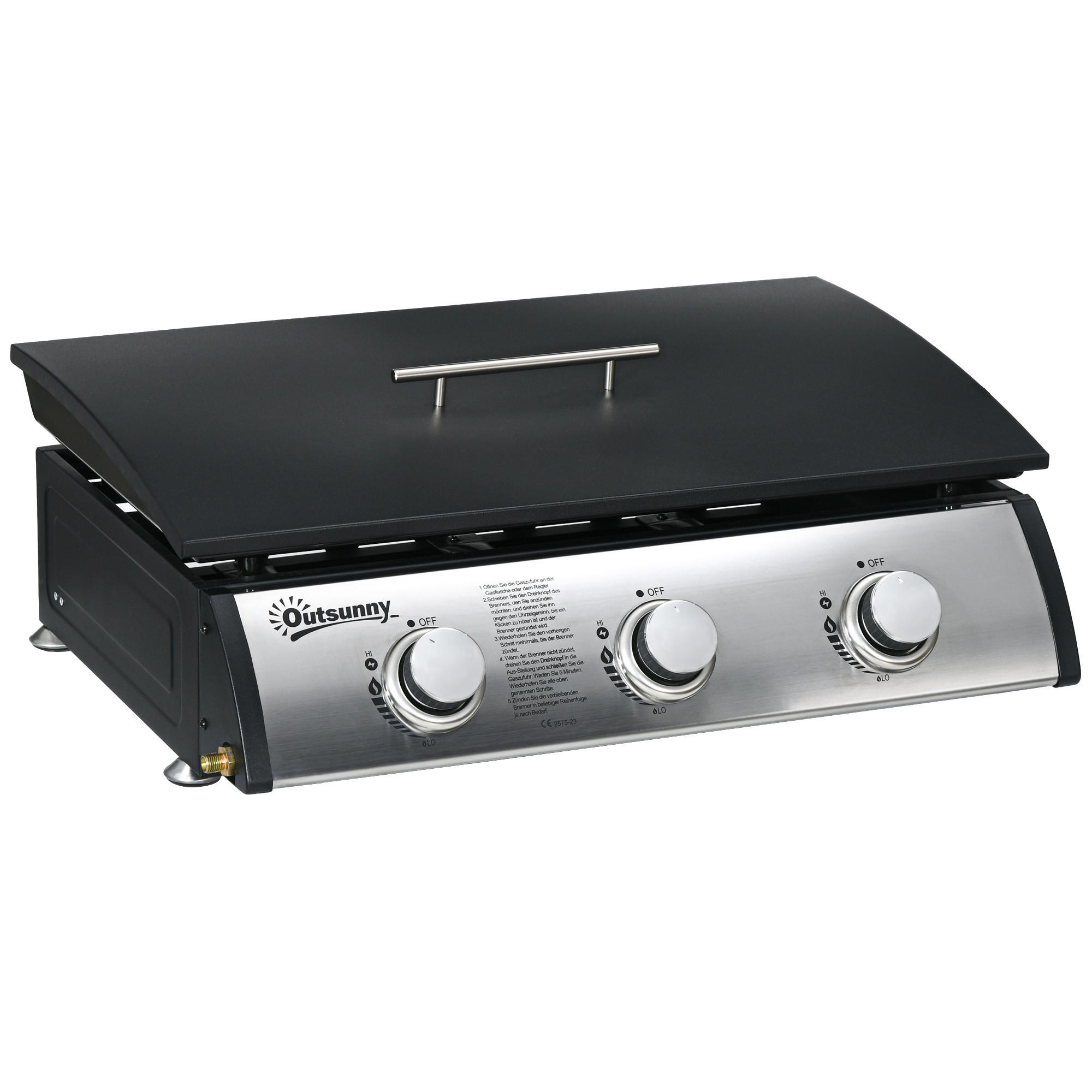 GASGRILL BBQ mit 3 Brennern, Edelstahl, Metall, Schwarz, 63 x 47 x 25 cm - Schwarz, Metall (47/25/63cm) - Outsunny