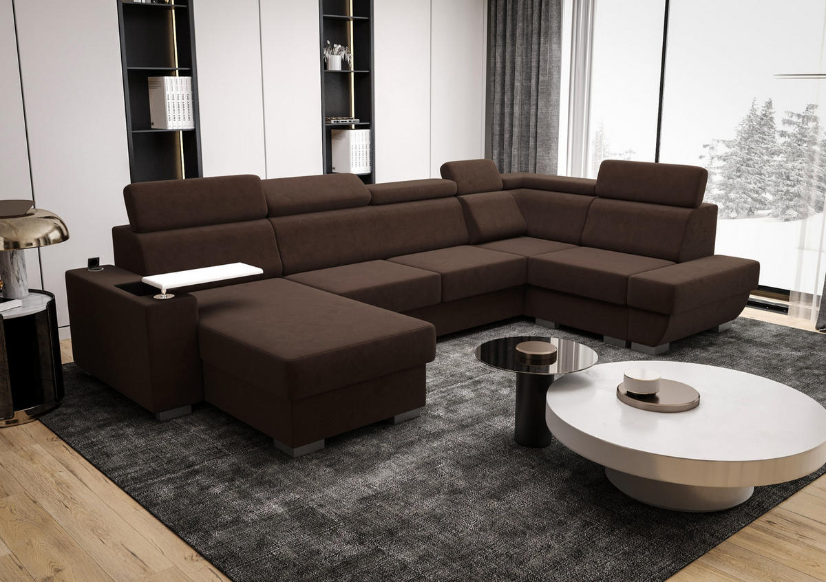 WOHNLANDSCHAFT KONGO RBN20, Eckcouch in U-Form mit Schlaffunktion, Farbe: Dunkelbraun, Velourstoff, Ottomane Links - Dunkelbraun, Textil (340/103/200cm) - O-Sofa