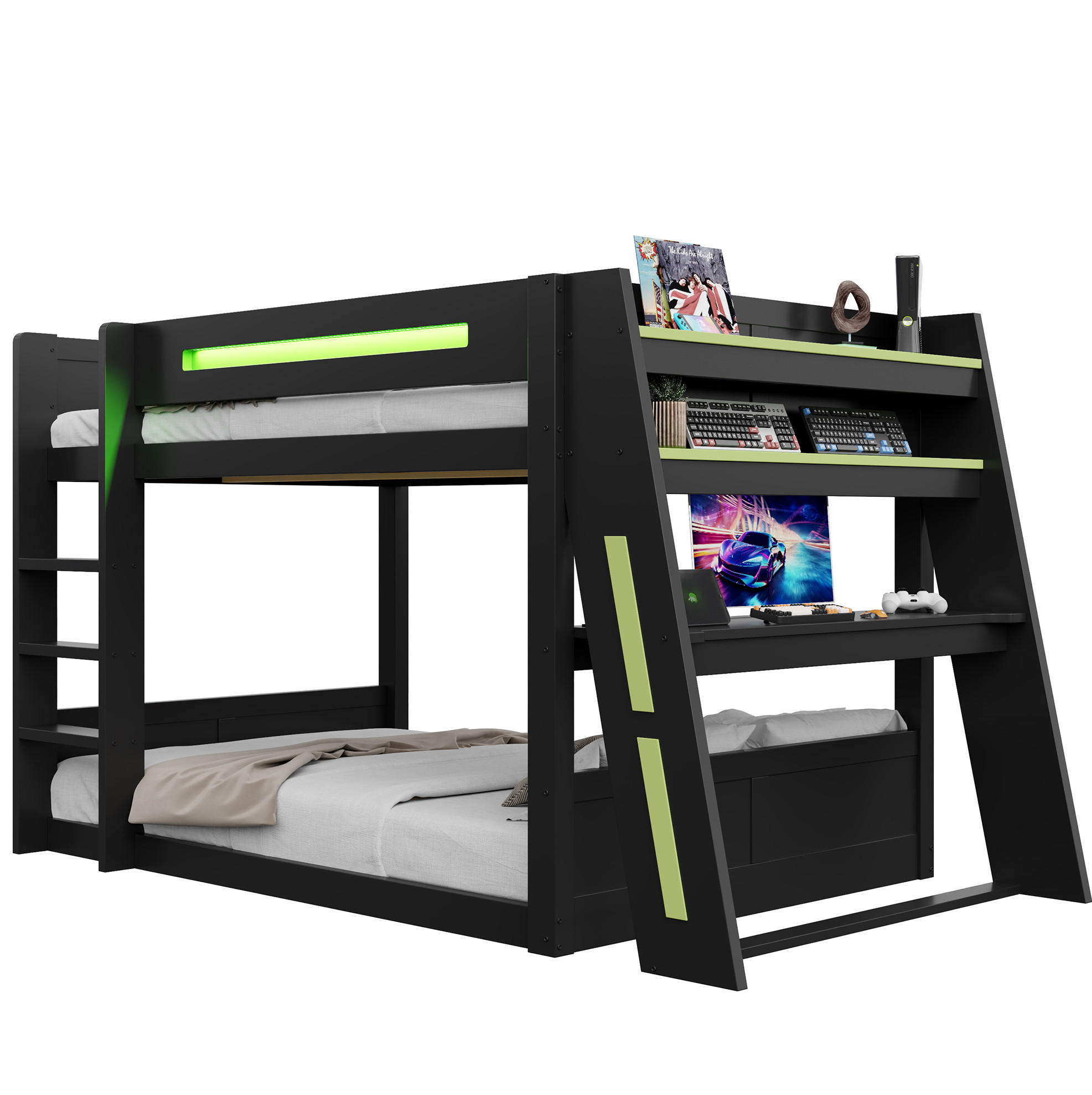 ETAGENBETT 140/200 cm aus MDF und Kiefer mit Schreibtisch, USB, LED und Ablagen, Schwarz/Grün - Schwarz, Holzwerkstoff (140/200cm) - Redom