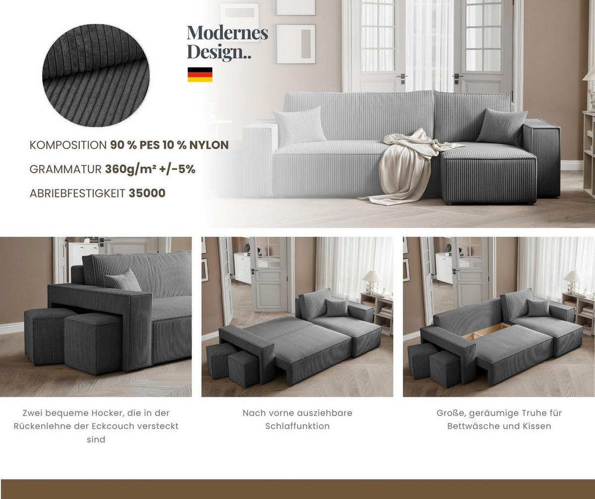ECKSOFA PARIS mit Schlaffunktion und Bettkasten Dunkelgrau - Dunkelgrau, Holzwerkstoff/Kunststoff (262/145cm) - Idohome