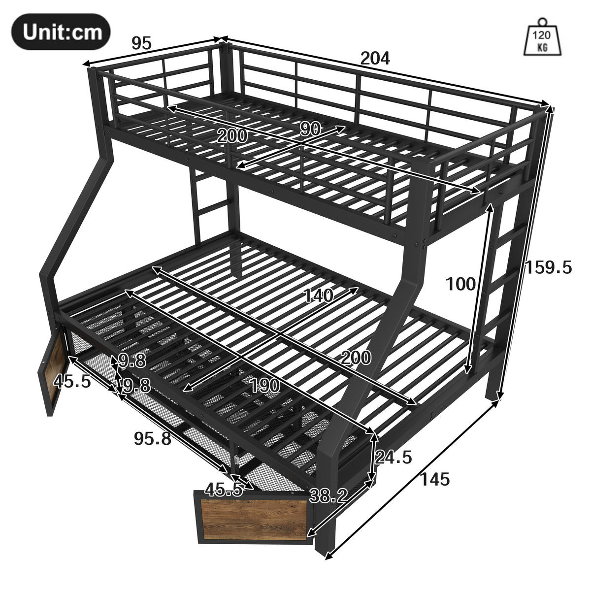 ETAGENBETT 90x200cm + 140x200cm Schwarz Kinderbett Schuhschrank EN747 - Schwarz, Metall (140/200cm) - FLIEKS