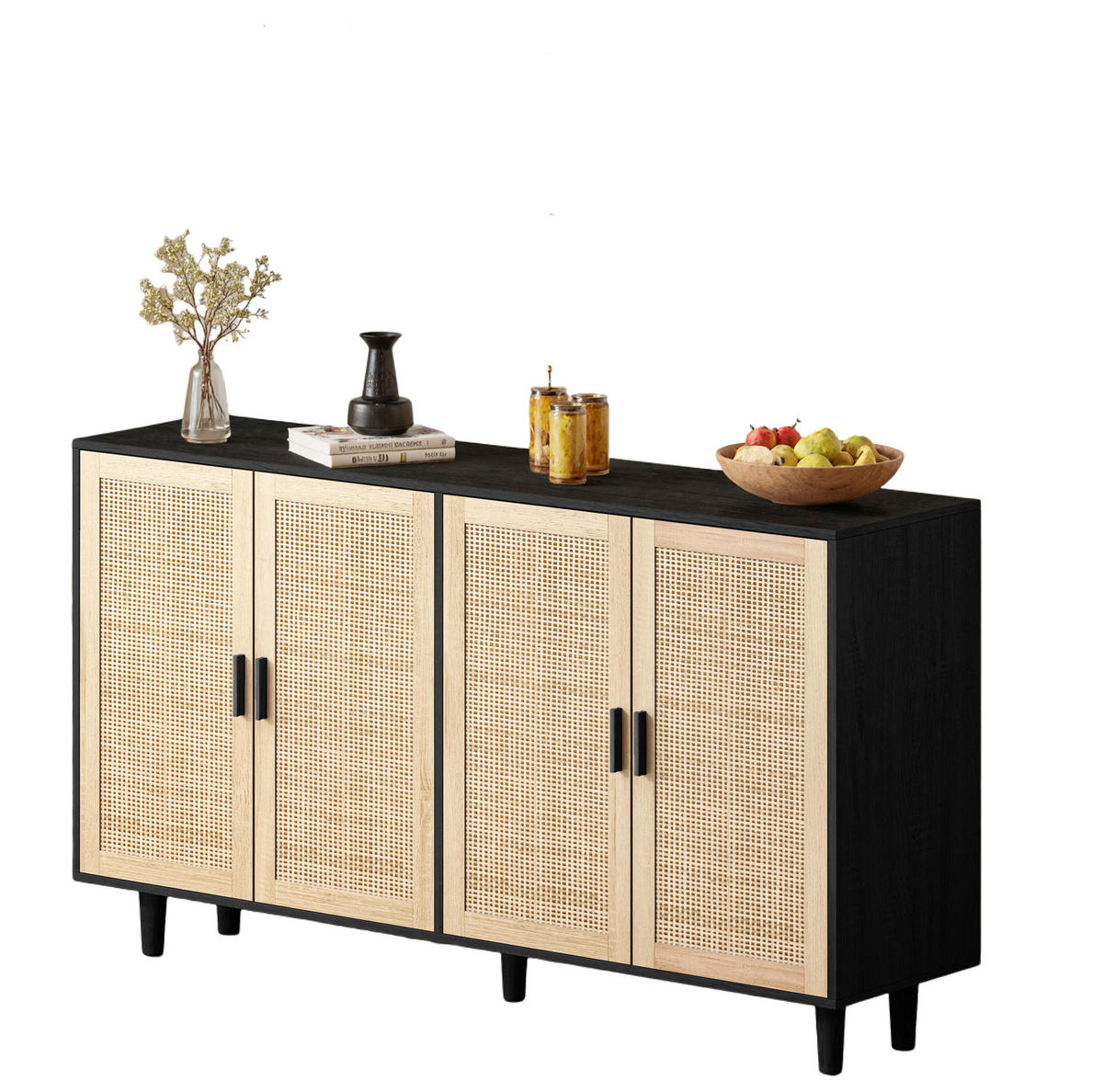 SIDEBOARD 158/40/88 cm mit 4 Rattantüren in Schwarz & viel Stauraum - Schwarz, Holzwerkstoff (158/88/40cm) - BEAOK