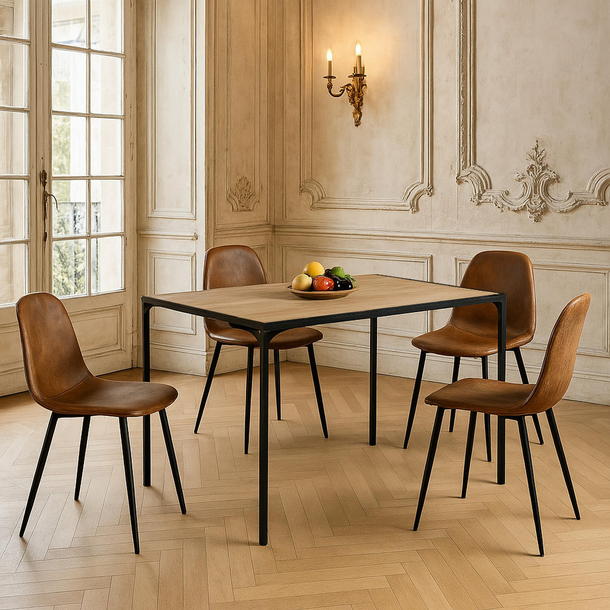 ESSTISCH SET dunkles Holz und Braun - Braun, Holzwerkstoff/Metall (120/75/80cm) - Urban Meuble